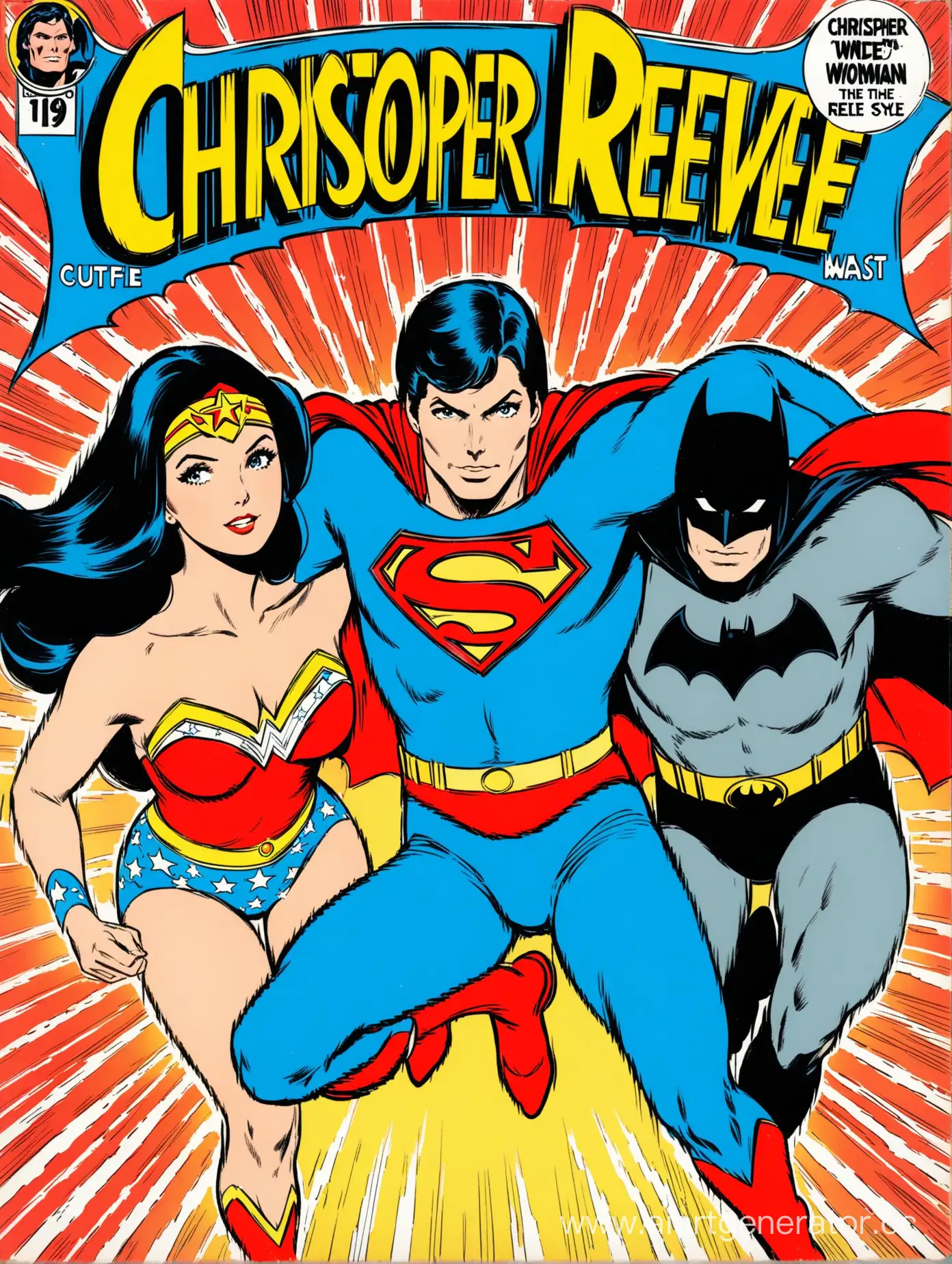 Christopher Reeve as Superman, Lynda Carter as Wonder Woman and Adam West as Batman, in the style of a 1960s comic book cover