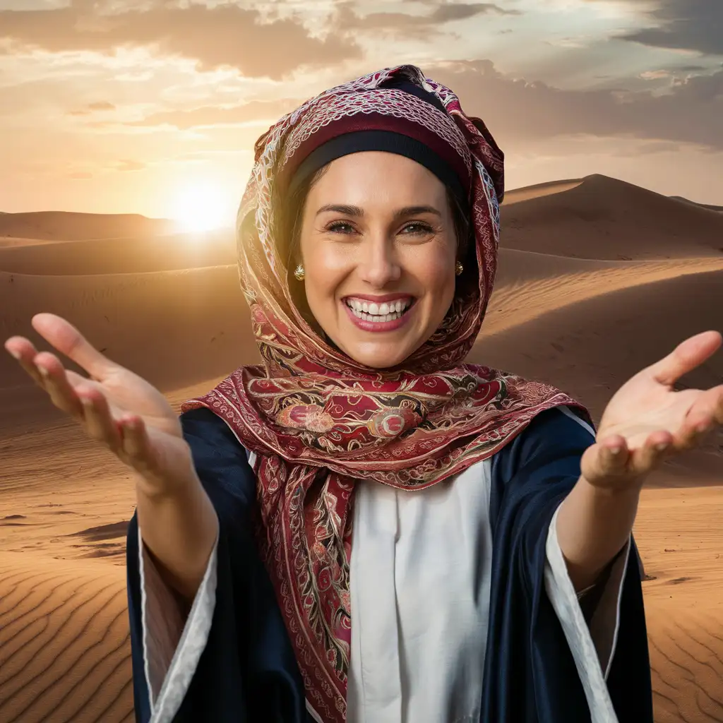 Une femme arabe qui sourit, en souhaitant la bienvenue avec les bras grands ouverts