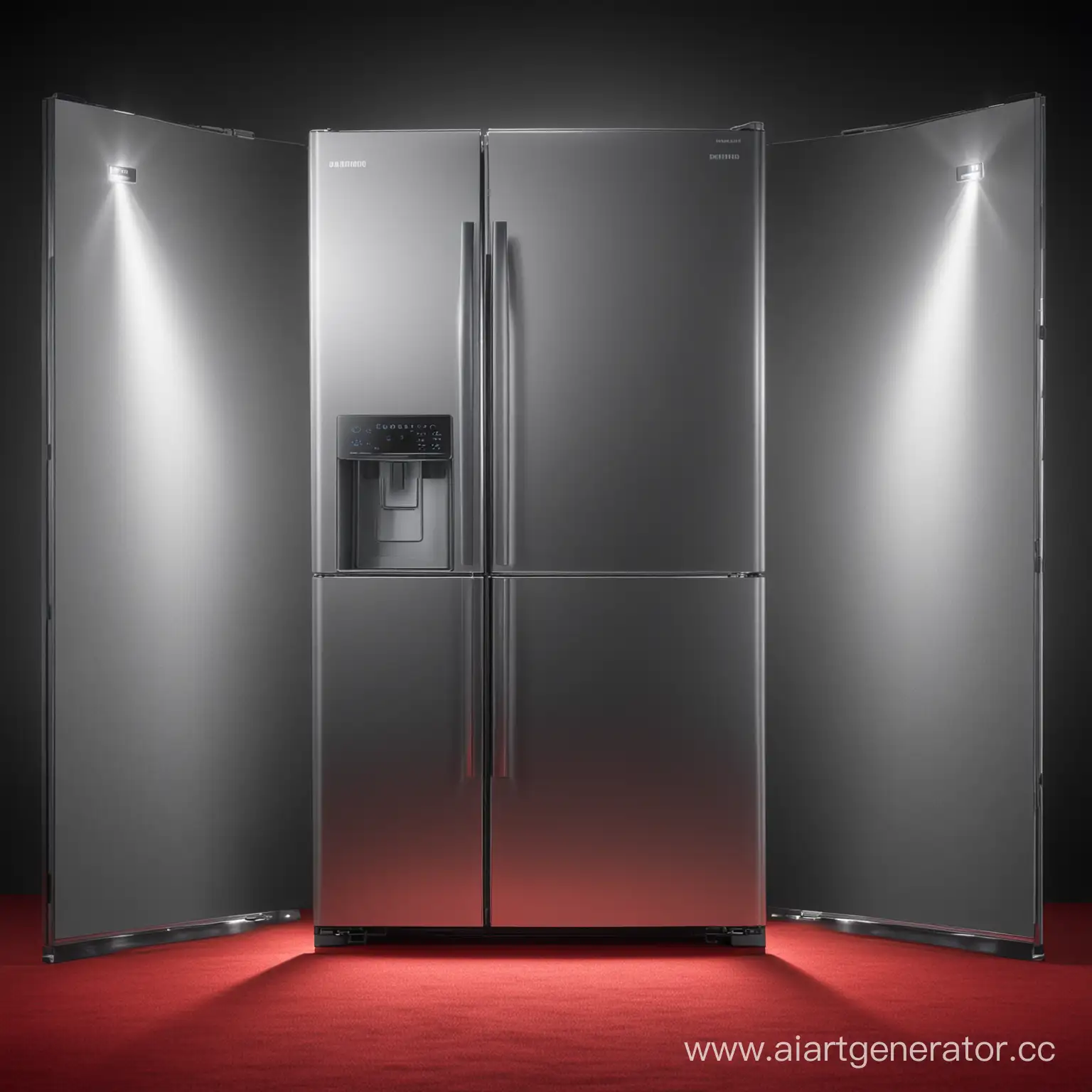 холодильник самсунг подсвеченный прожекторами на красной ковровой дорожке 