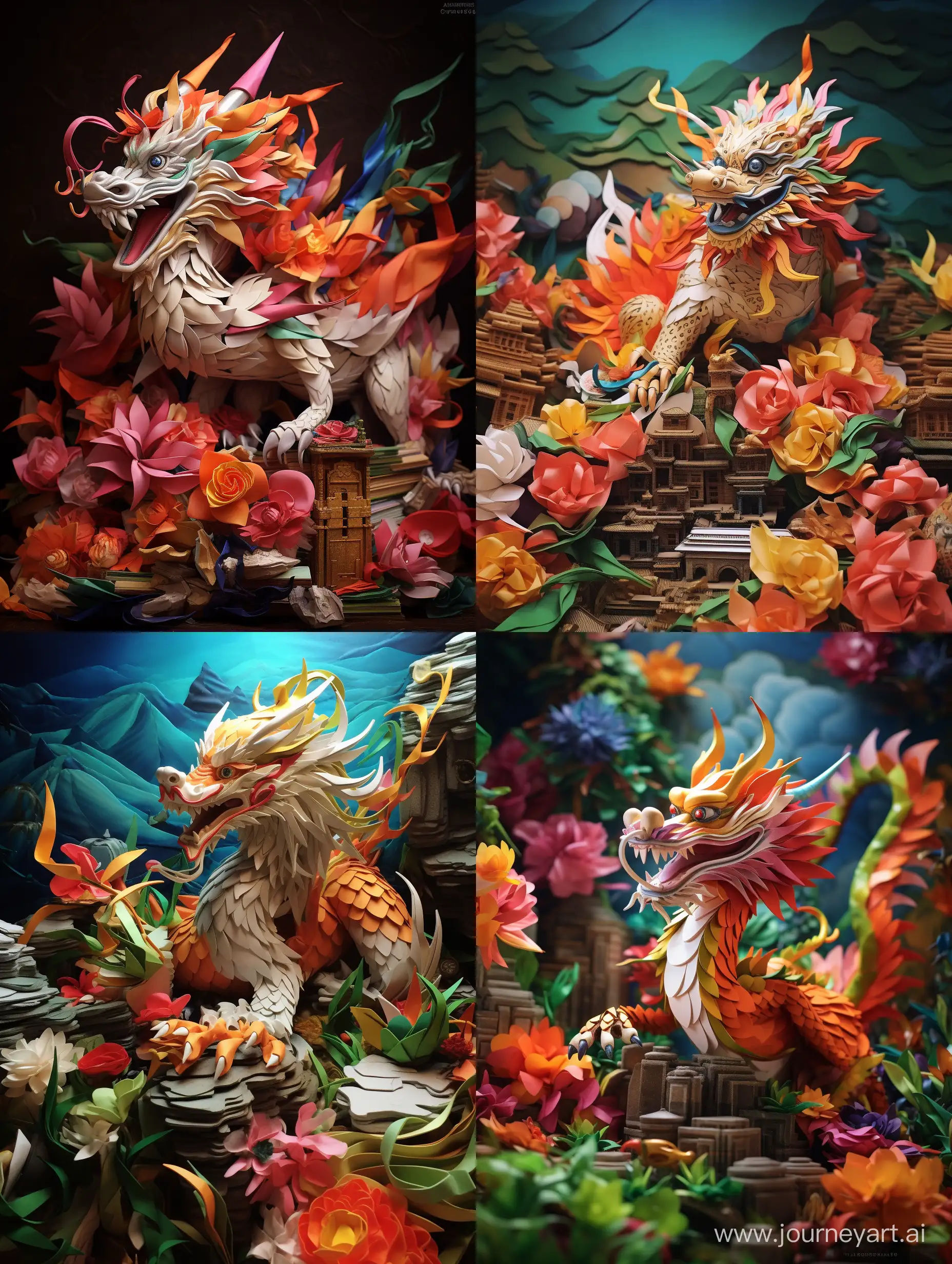 a chinese dragon sits on treasures, origami diorama, colorful