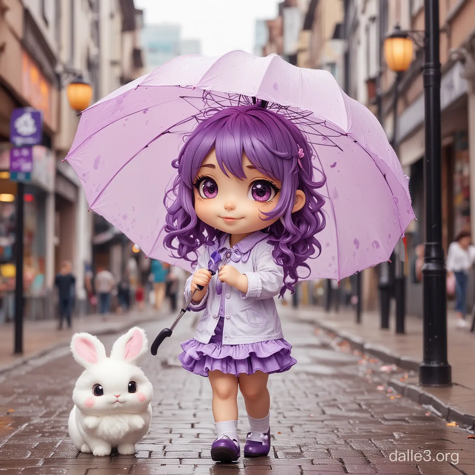 Chibi-loli with wavy purple hair walks brisk business gait on the city street, chibi-loli holds a bright umbrella, next to chibi-loli runs a fluffy rabbit, bright colours, beautiful, fun, cute