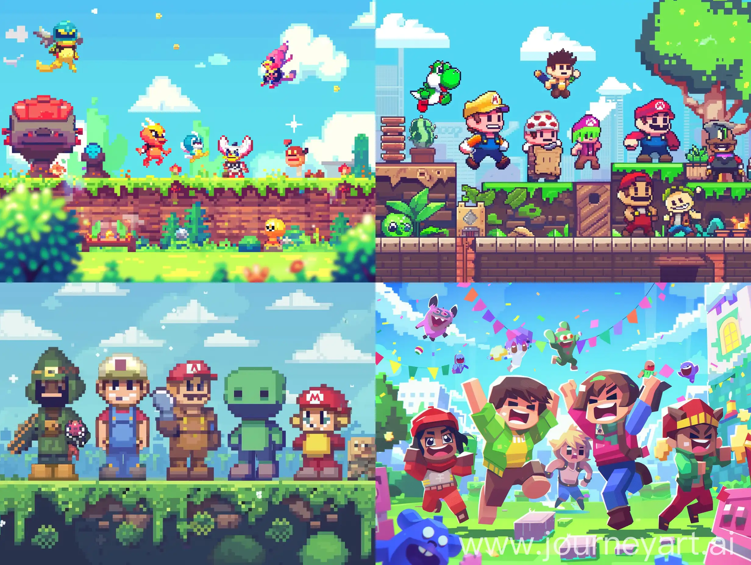 a pixel game advertising banner, vibrance color, fun vibe, game characters
