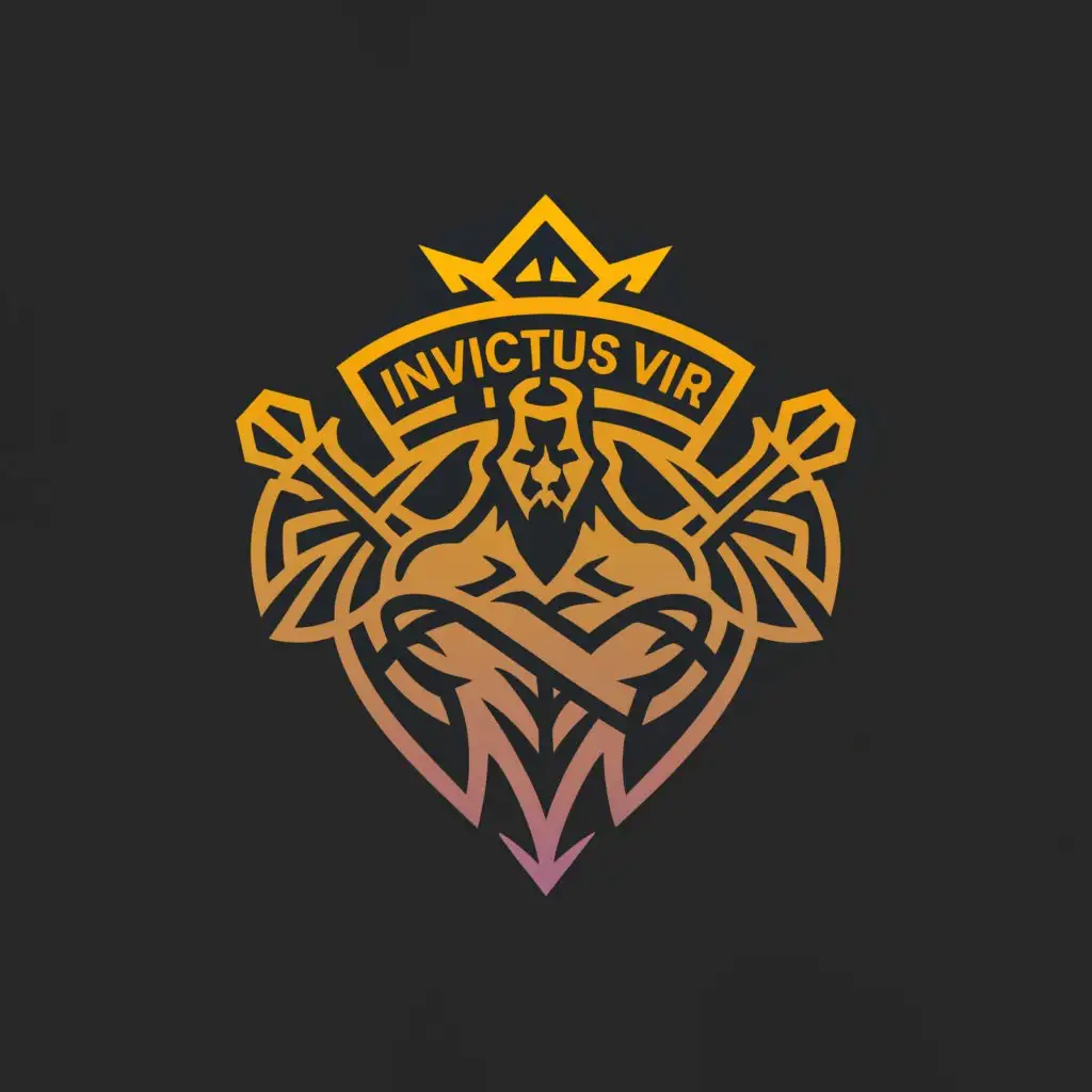 a logo design,with the text 'Invictus Vir', main symbol:A strong warrior, a shield, a sword. Symbols of masculinity. Clean background. Minimalistic.,Minimalistic,clear background