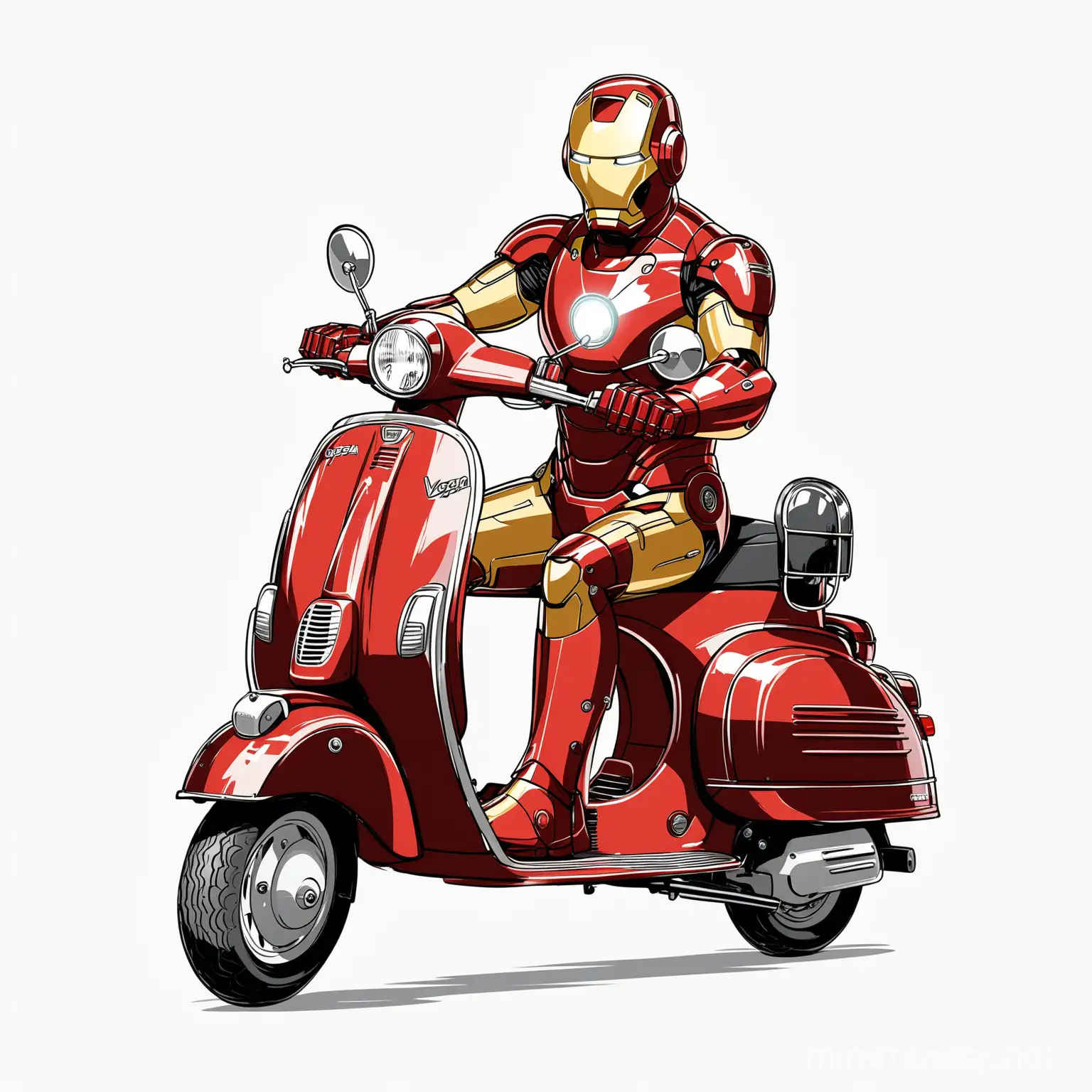 Iron Man drive a scooter Vespa, On a white background