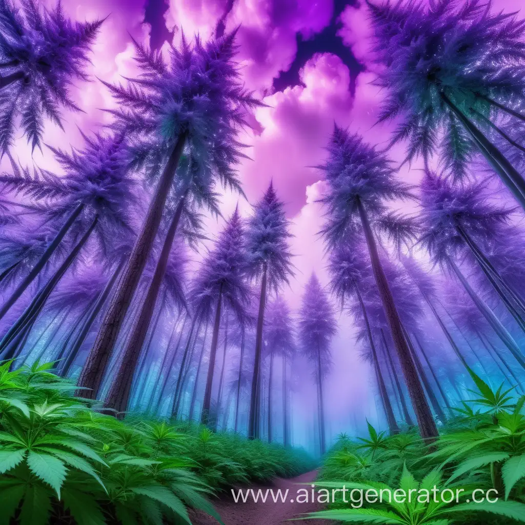 Волшебный лес где растет марихуанна, пурпурные облака и длинные деревья.