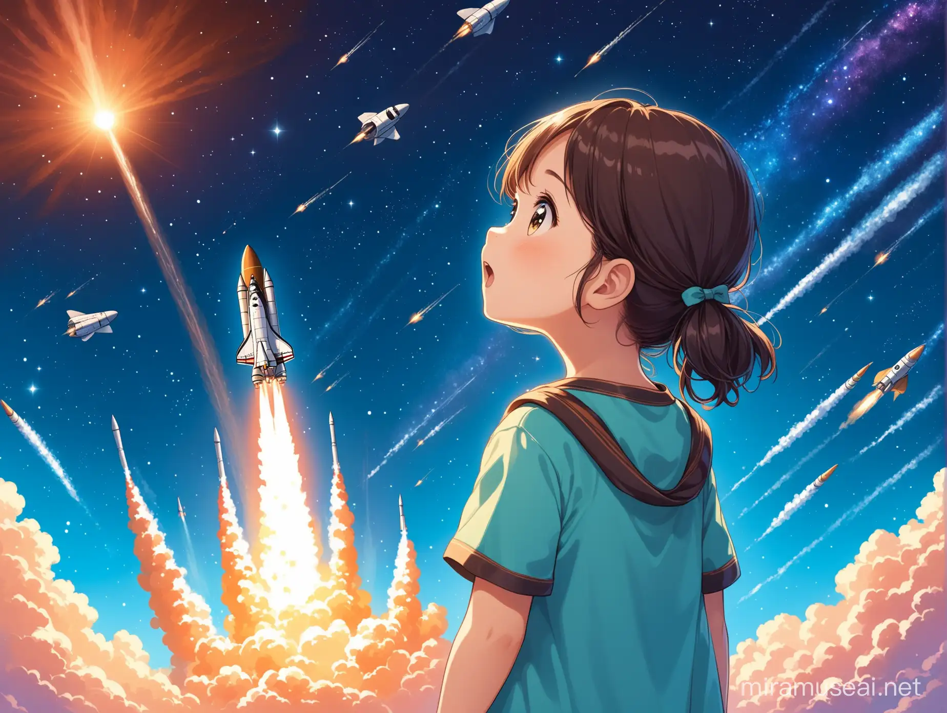 Adorable Girl Gazes at Spaceship Launch in Awe