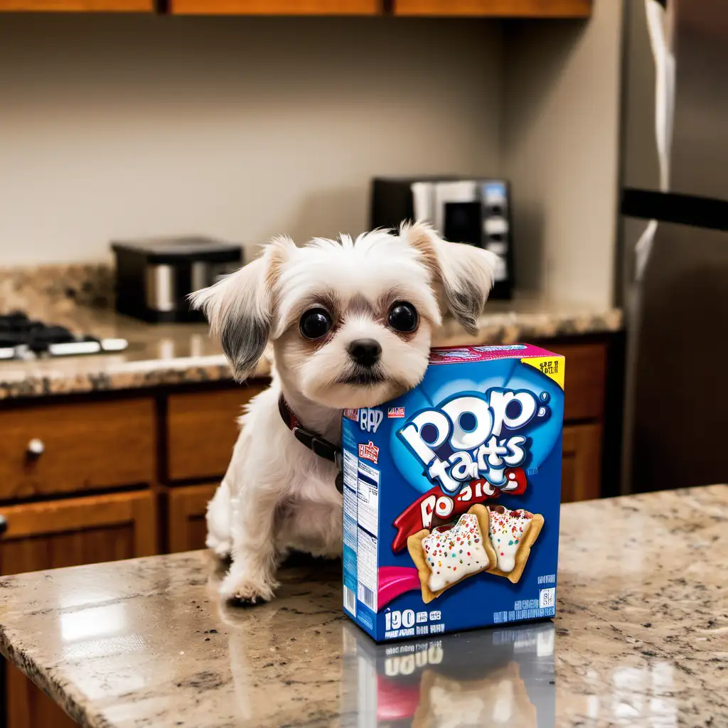 Curious Small Dog Admiring Pop Tarts on Kitchen Counter
