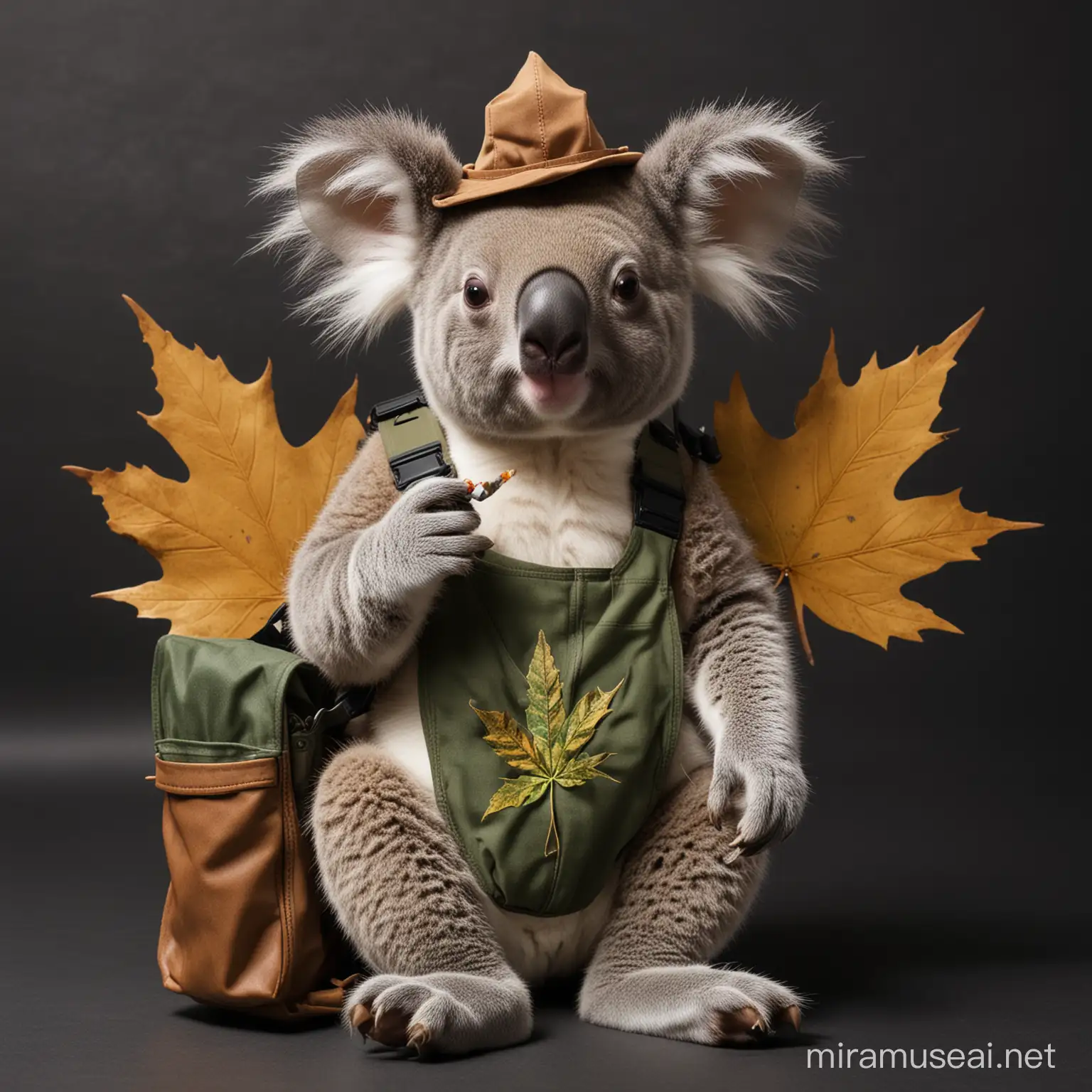koala smoking weed while sitting in the bum bag of a kangarou, maple leaf on a dark background 