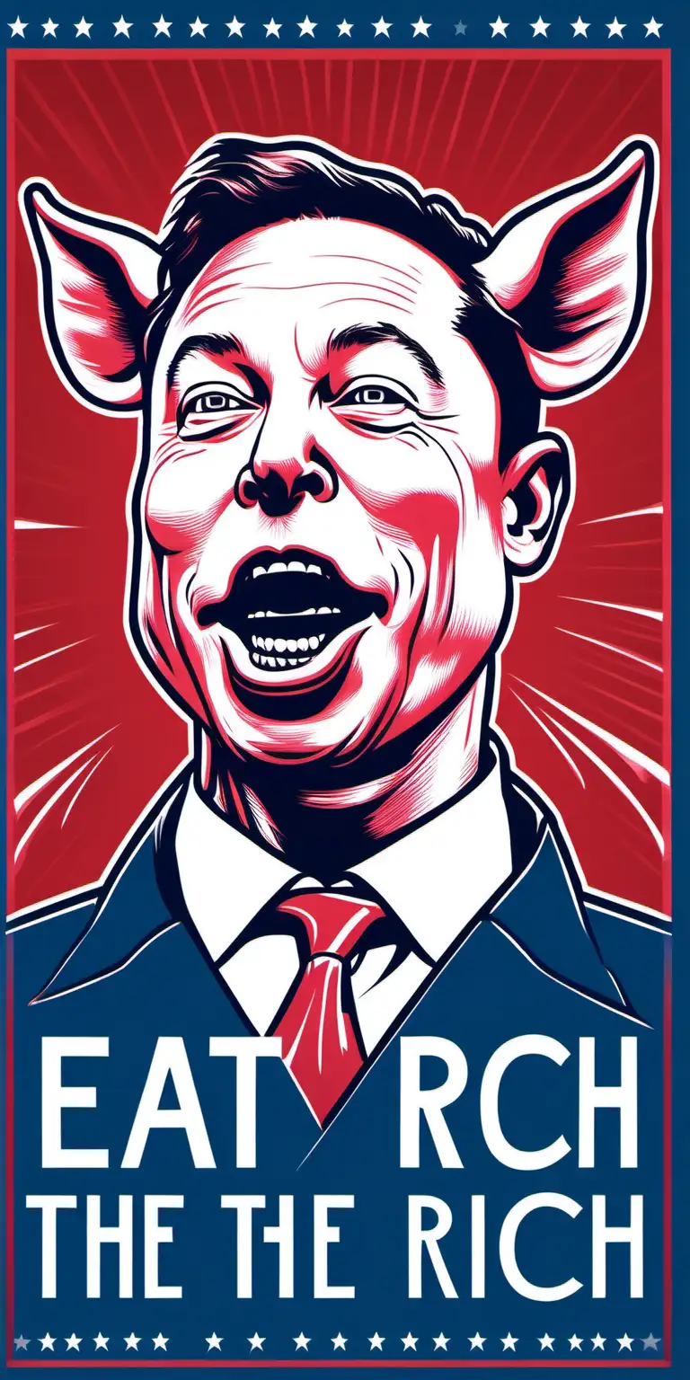 Political poster of Elon Musk as a pig with a pig snout, Red White and Blue themed, captioned "Eat the Rich"