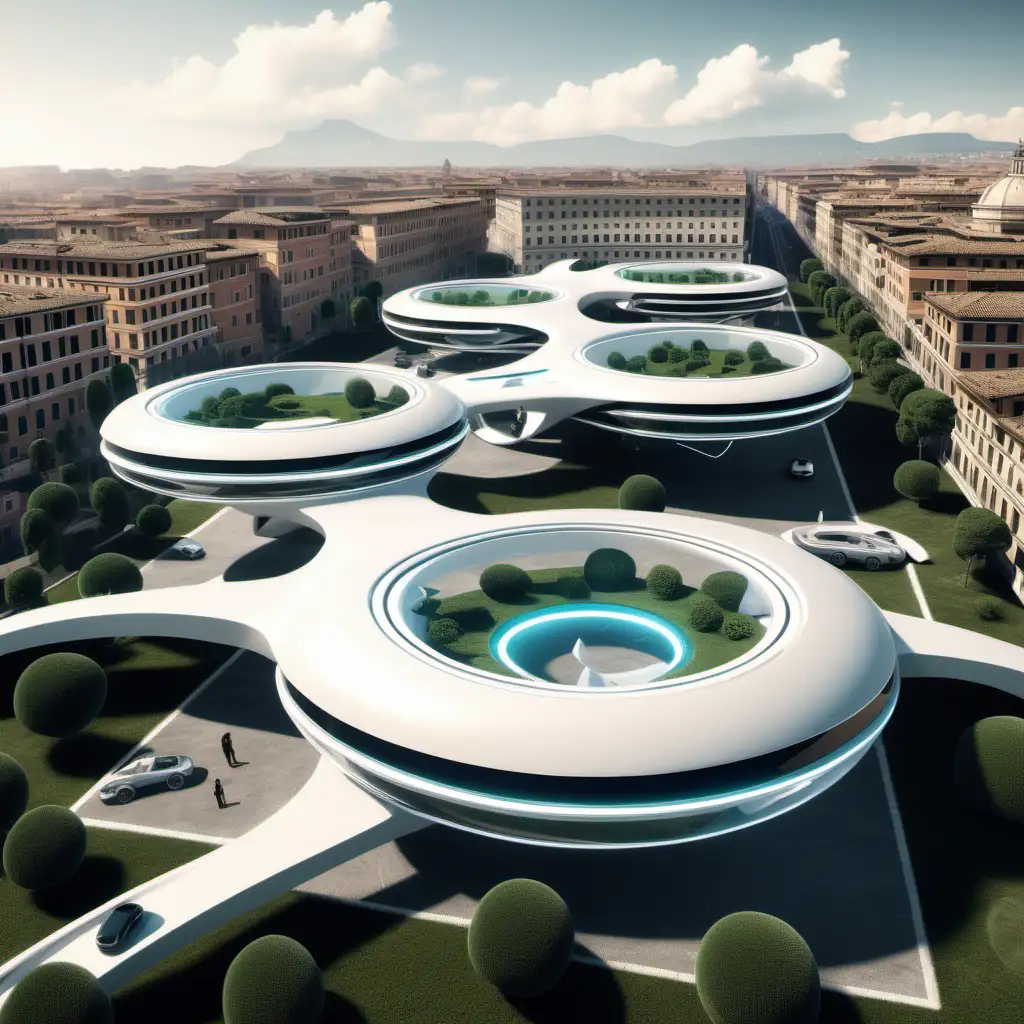 Futuristic Flying Car Bases in Rome Cityscape