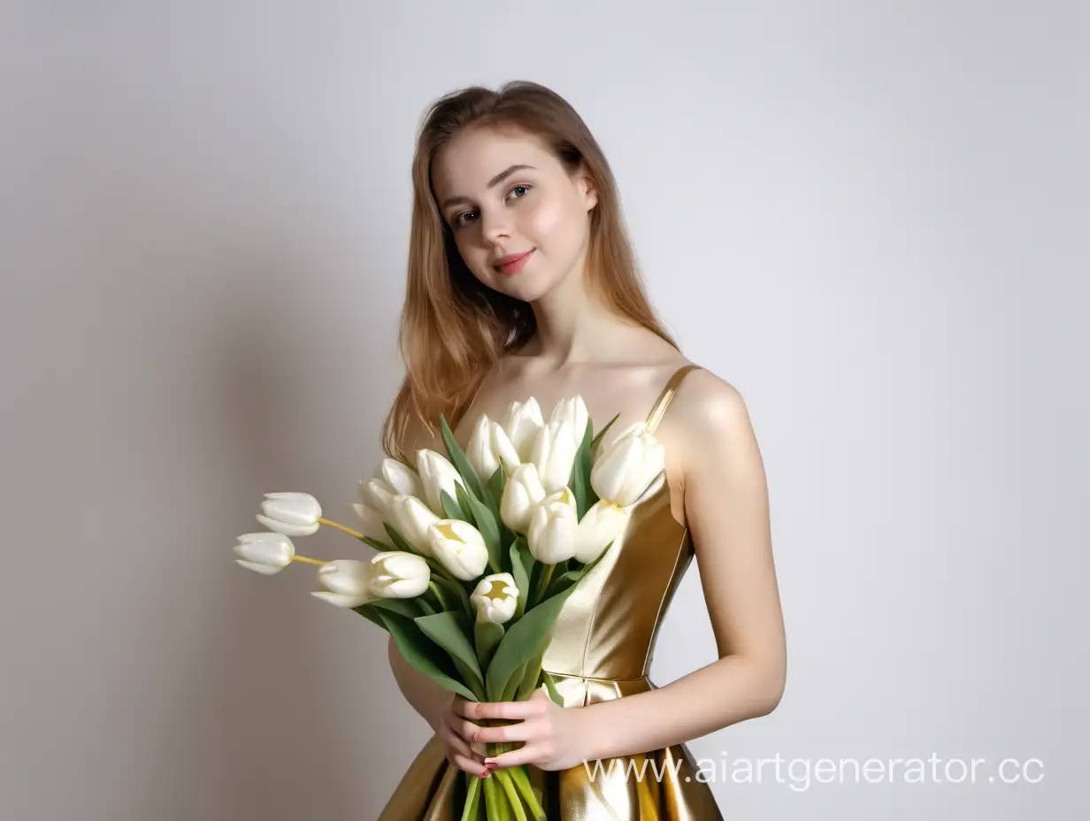 молодая женщина в золотом платье с с букетом белых тюльпанов