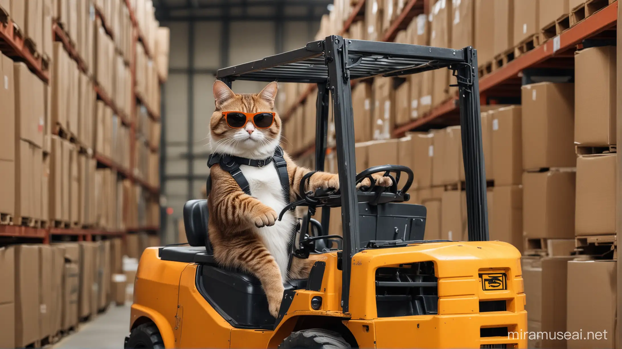 A cool cat in sunglasses riding a forklift in a warehouse . Full figure