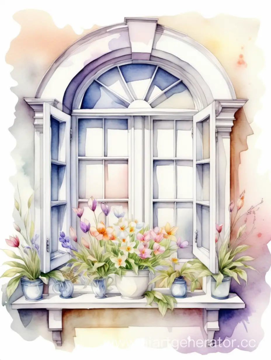 Акварель, красивый нежный фон, приглашённые тона, окно с весенними цветами, высокая детализация,  детальная прорисовка 