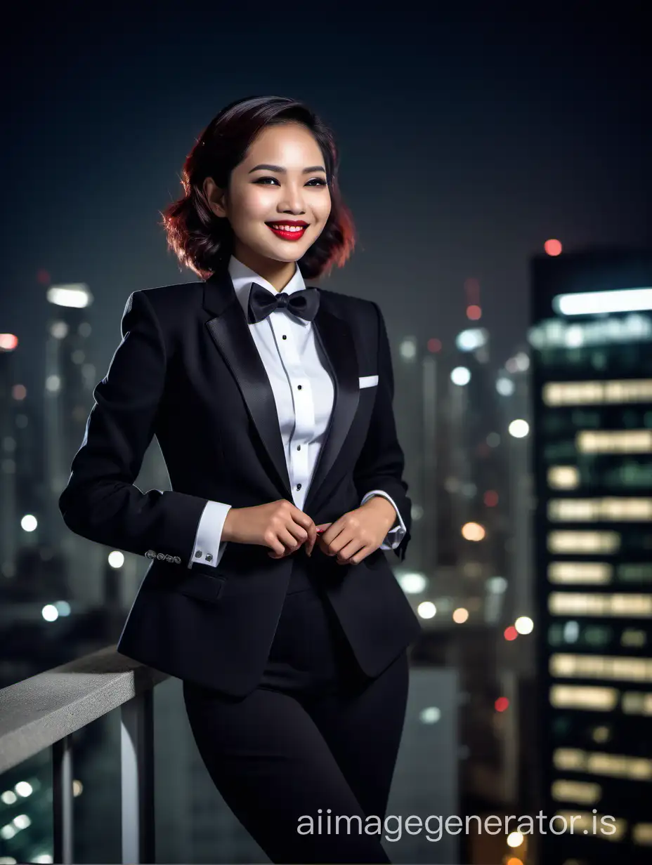 It is night. A cute and sophisticated and confident indonesian woman with shoulder length hair and  lipstick.  She is looking over a skyscraper ledge.  She is wearing a black tuxedo with a black jacket.  Her shirt is white with double french cuffs.  Her bowtie is black.  Her cummerbund is black.  Her pants are black.  Her cufflinks are silver.  She is smiling and laughing.  She is relaxed.  Her jacket is open. 