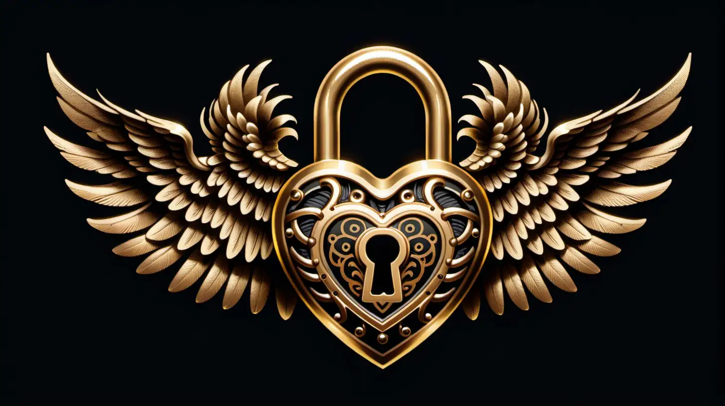  Padlock heart with Wings,  gold, oldschool tattoo design 3 d, black backround