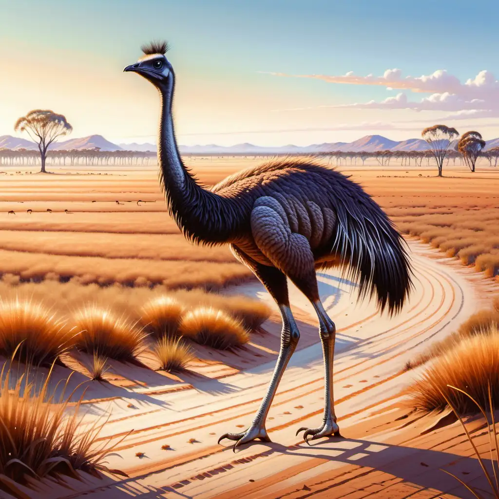 Illustration, Ein Emu stolziert durch das trockene Grasland, sein langer Hals und seine kräftigen Beine machen ihn zu einem imposanten Anblick. Als größter Vogel Australiens verkörpert er Stolz und Stärke und ist ein Symbol für die Weite des australischen Outbacks.