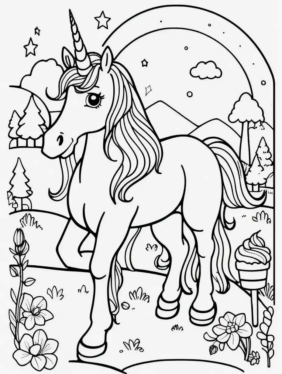   b/w outline art for kids coloring book pages unicorn themed, on daily life activities coloring pages: unicorn eating an ice cream, going on a nature hike, stargazing at night (((((white background))))). Only use outline, cartoon style, line art, coloring book, clean line art, line art
