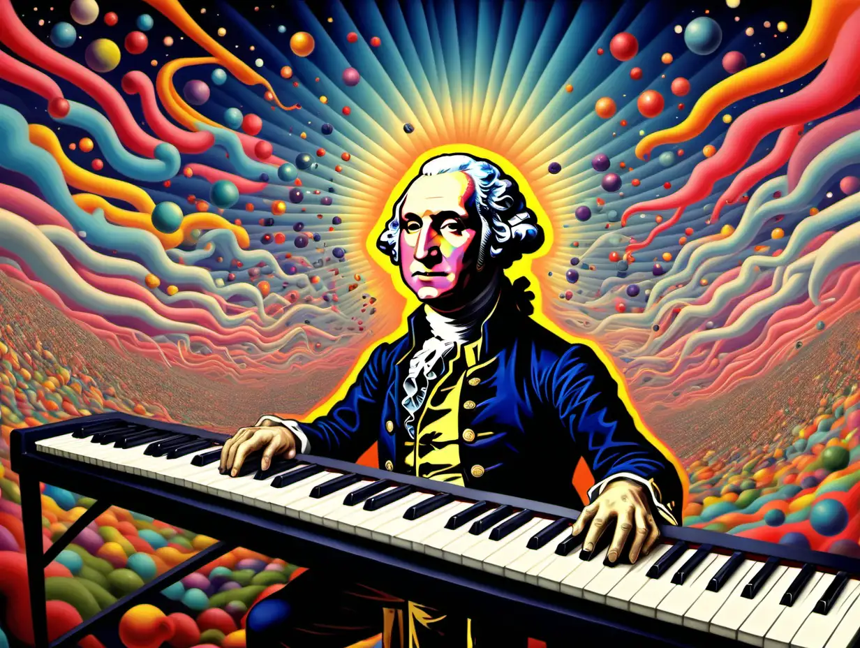 my mind on lsd while playing keyboards in style of surrealism and abstract by George Washington