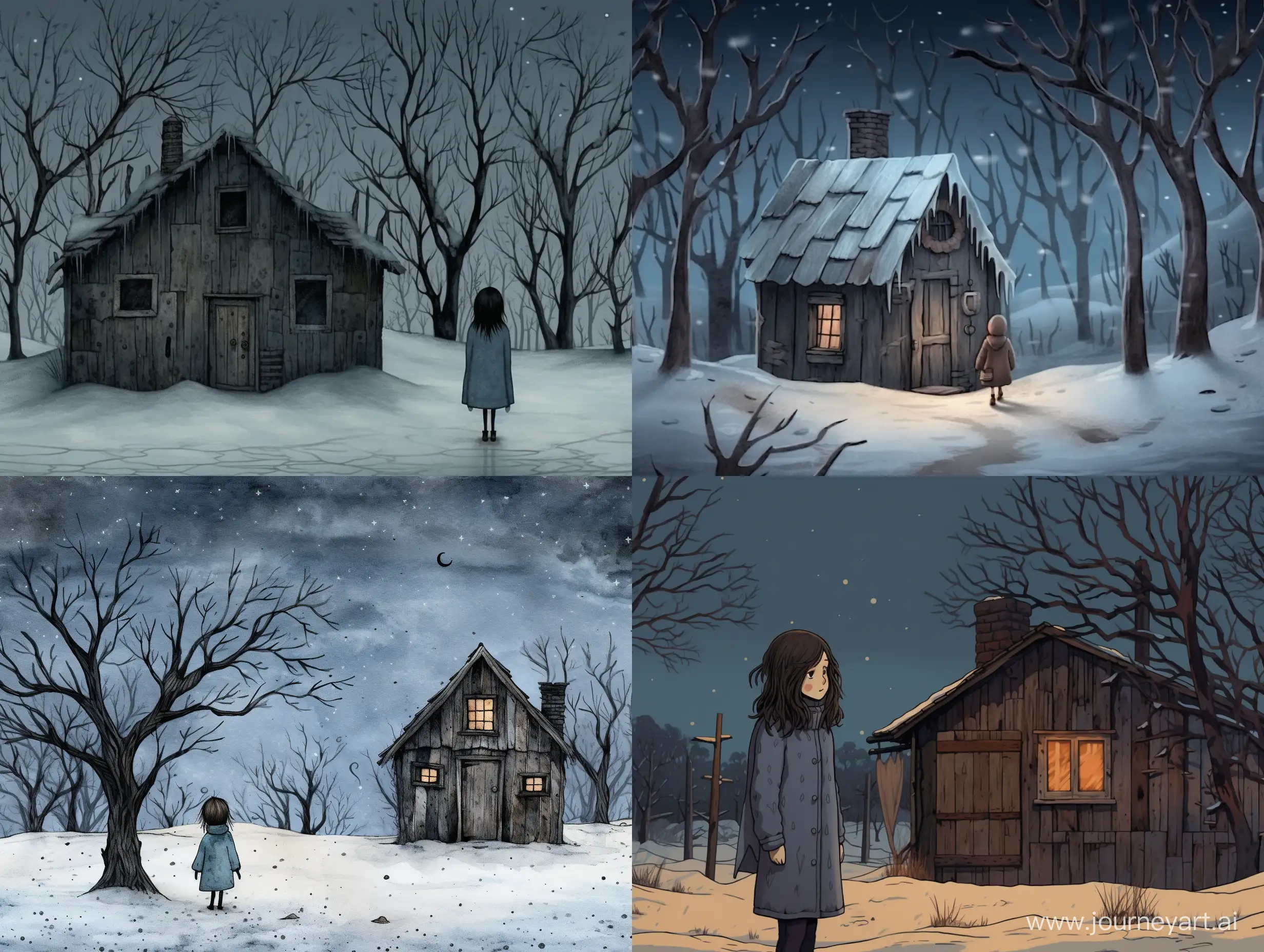 Девушка в парандже без лица стоит рядом с маленьким деревянным домиком зимой