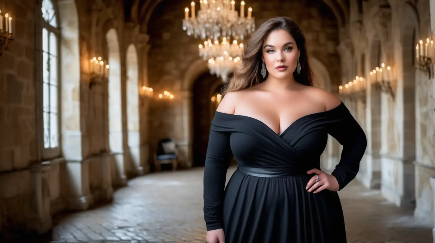 beautiful, sensual, classy elegant plus size model wearing am off-shoulder black dress with a slightly flared skirt that ends just below the ankles, slightly flared long skirt,  skirt is made from the same black fabric as top, fitted black bodice, v-neck surplice off shoulder bodice, long fitted sleeves, empire defined waistline with a waistband tonal to the dress, hair is flowing, luxury photoshoot inside a magical winter castle in France, winter decorations  inside the rooms in the castle, antique background