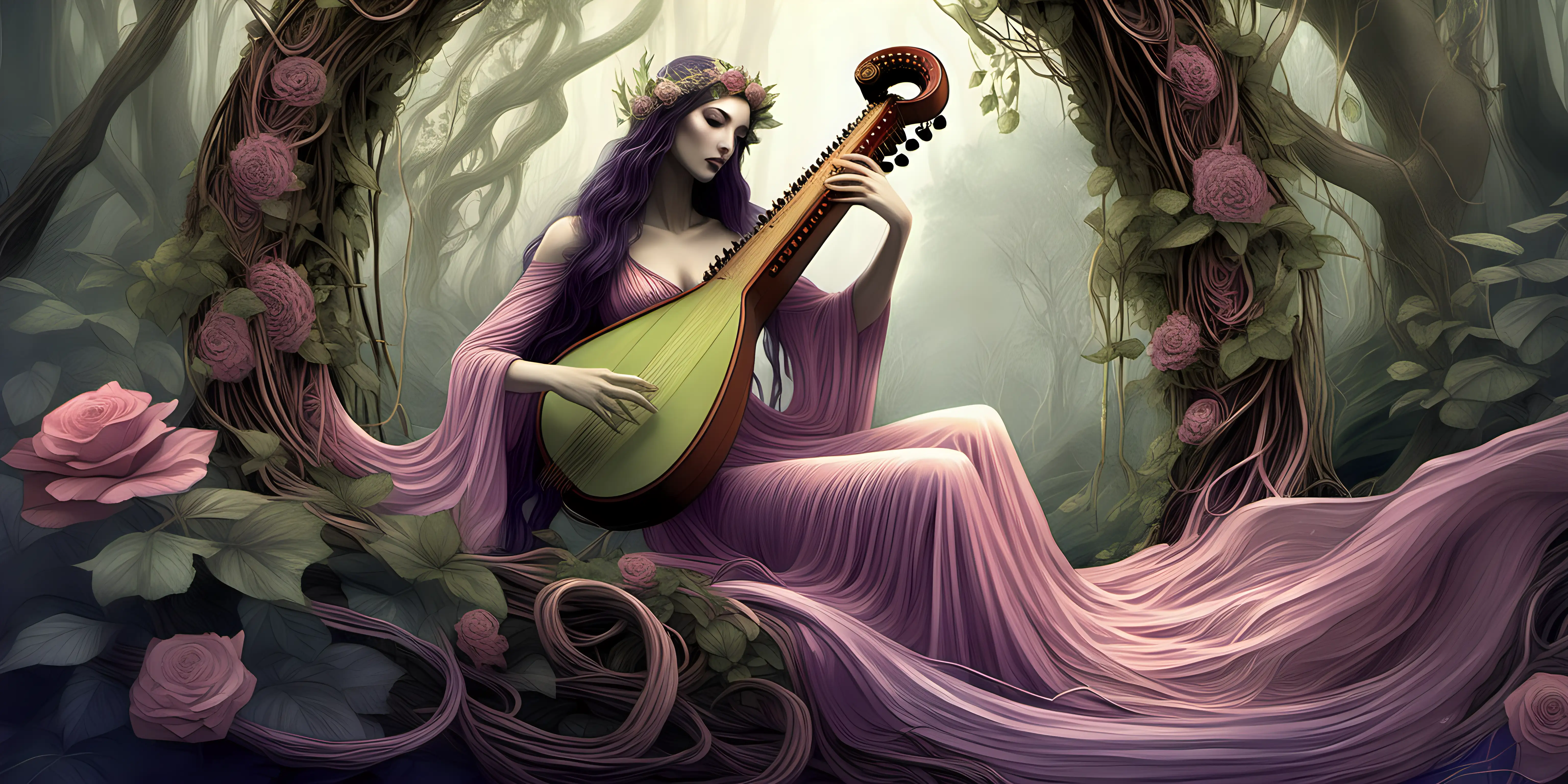 elven lady  playing a harp ,she is dressed in a pastel pink long flowing dress covered in vines & flowers , she has  long purple fingernails, the surroundings is an ancient forest  with arches made with vines