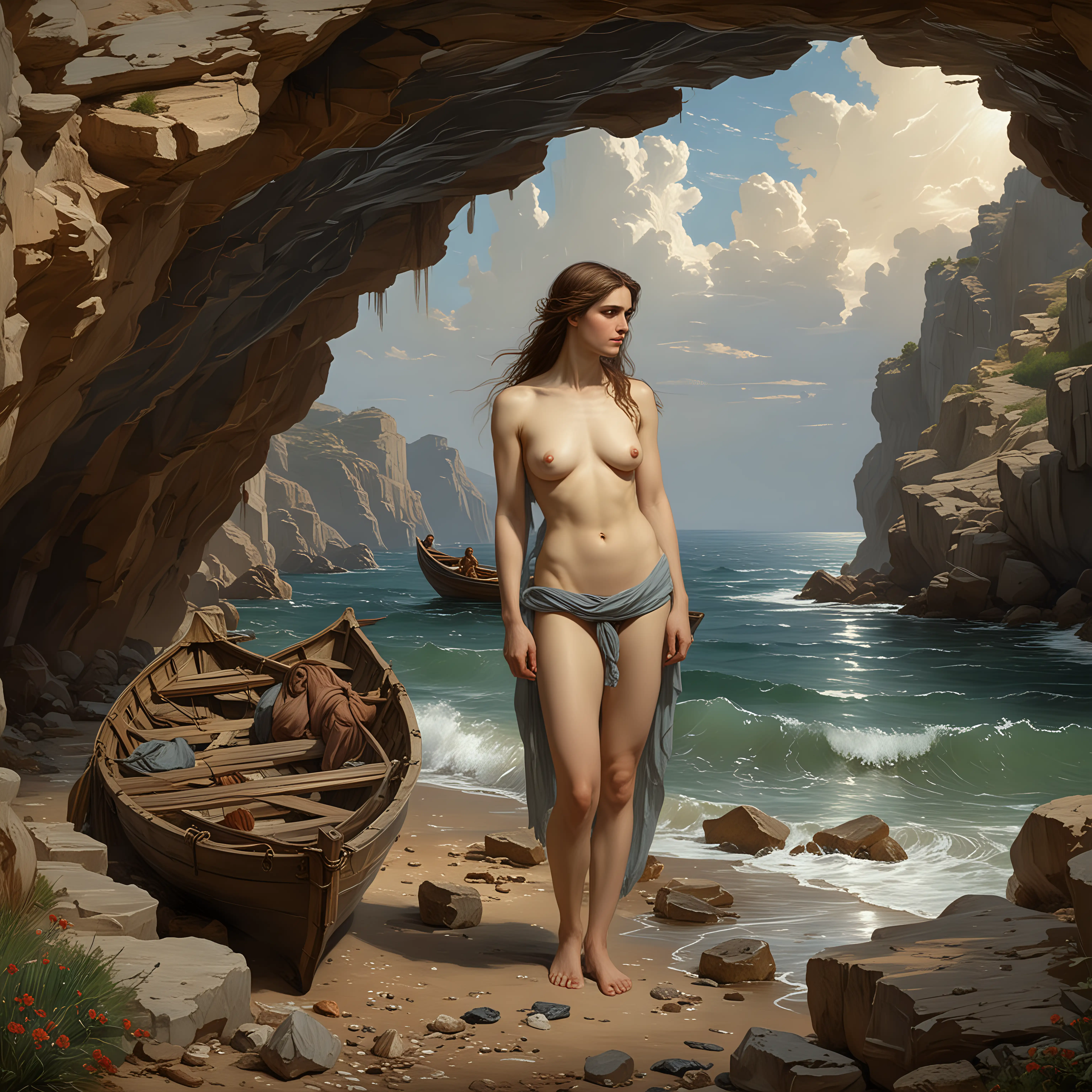 The muse, who is wearing a scarf covering her lower body, standing on the seashore, is looking sadly at Odysseus from inside the cave.  She is standing at the front of the image at the side. Odysseus is a handsome Greek man who sits naked in a boat, rowing the boat away from the shore. The image is envisioned in the artistic style of the renowned British painter, Sir John William Waterhouse