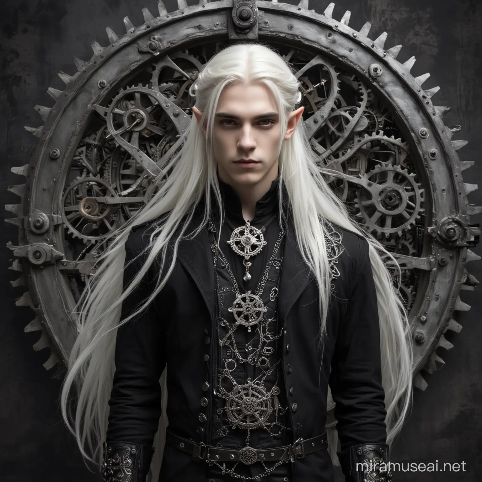 pale white elven male teenager, long white hair, dark gothic style clothing, evil, steampunk cogwheel motifs