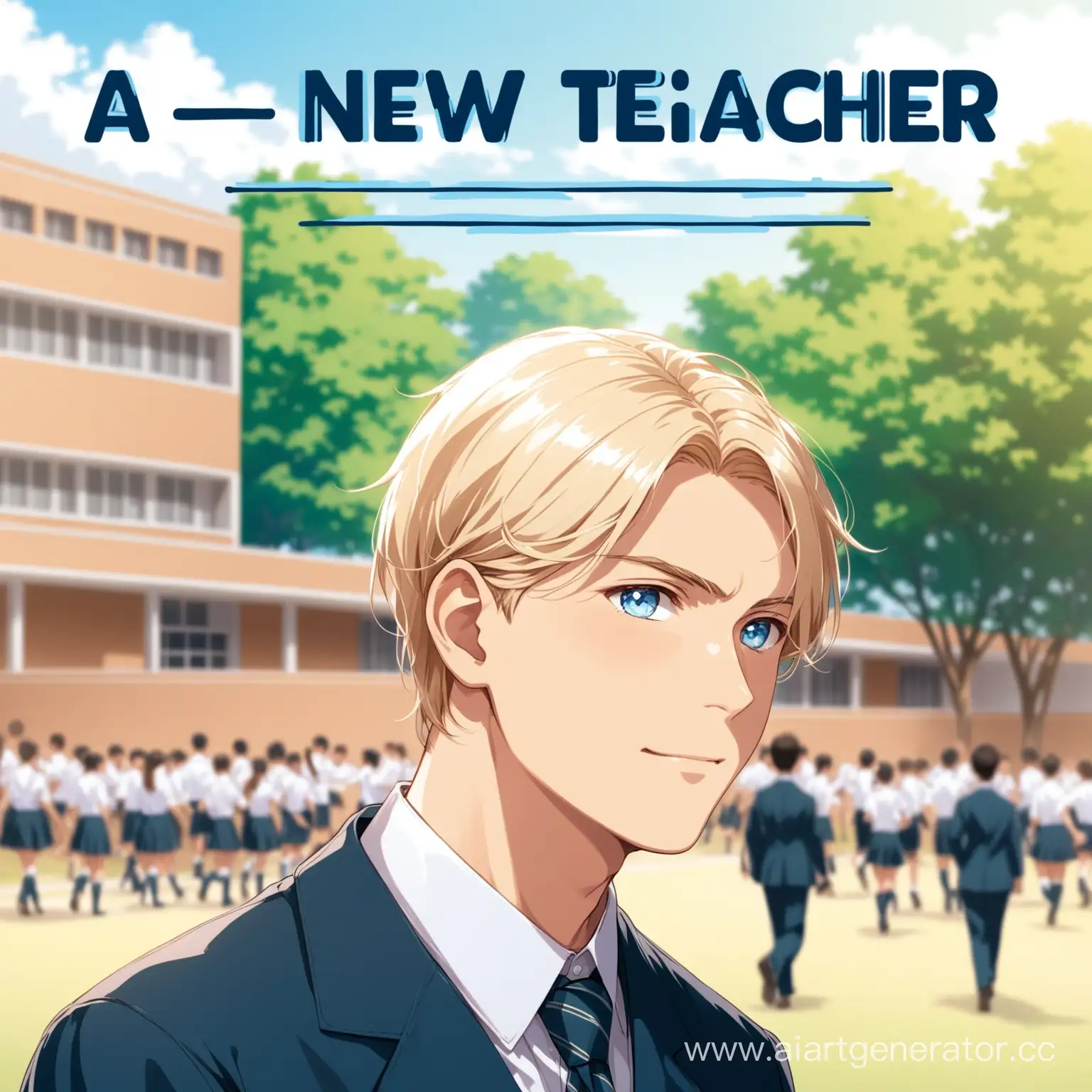 изображение на заднем фоне школа, на переднем плане человек мужского пола светловолосый с голубыми глазами в форме учителя, сверху надпись "a new teacher"