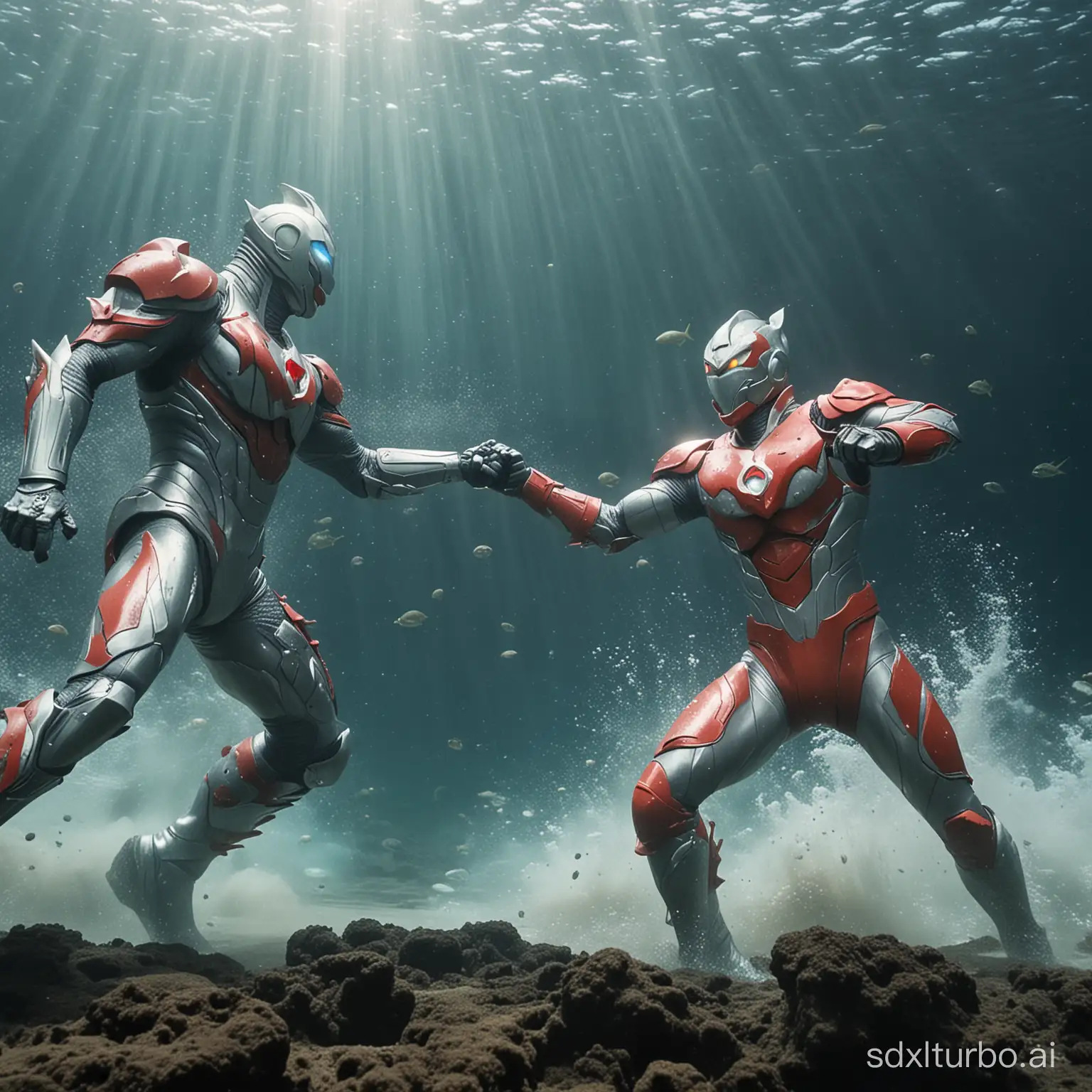 Under the sea, Ultraman and Ledi fight