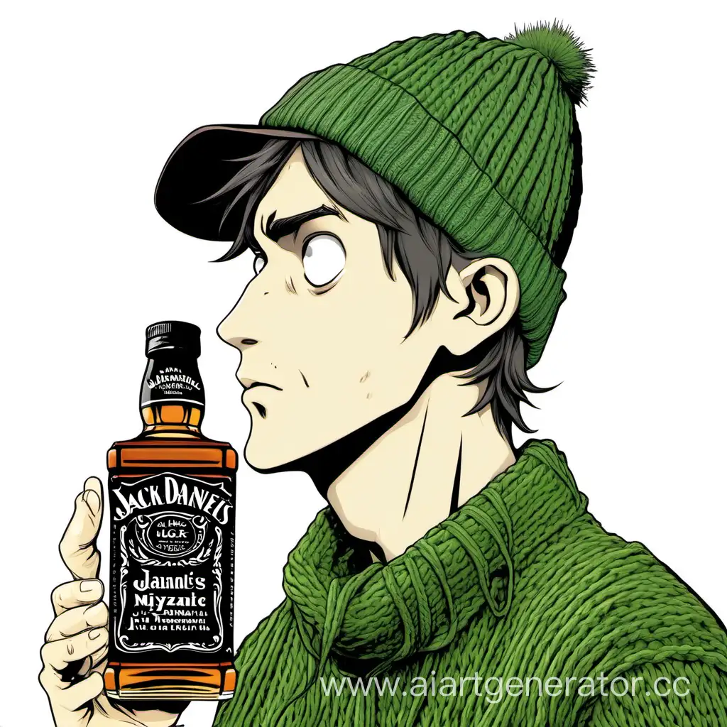 a thin white guy with narrow eyes, a long nose in a green knitted hat, kisses a bottle of Jack Daniels, Miyazaki style.