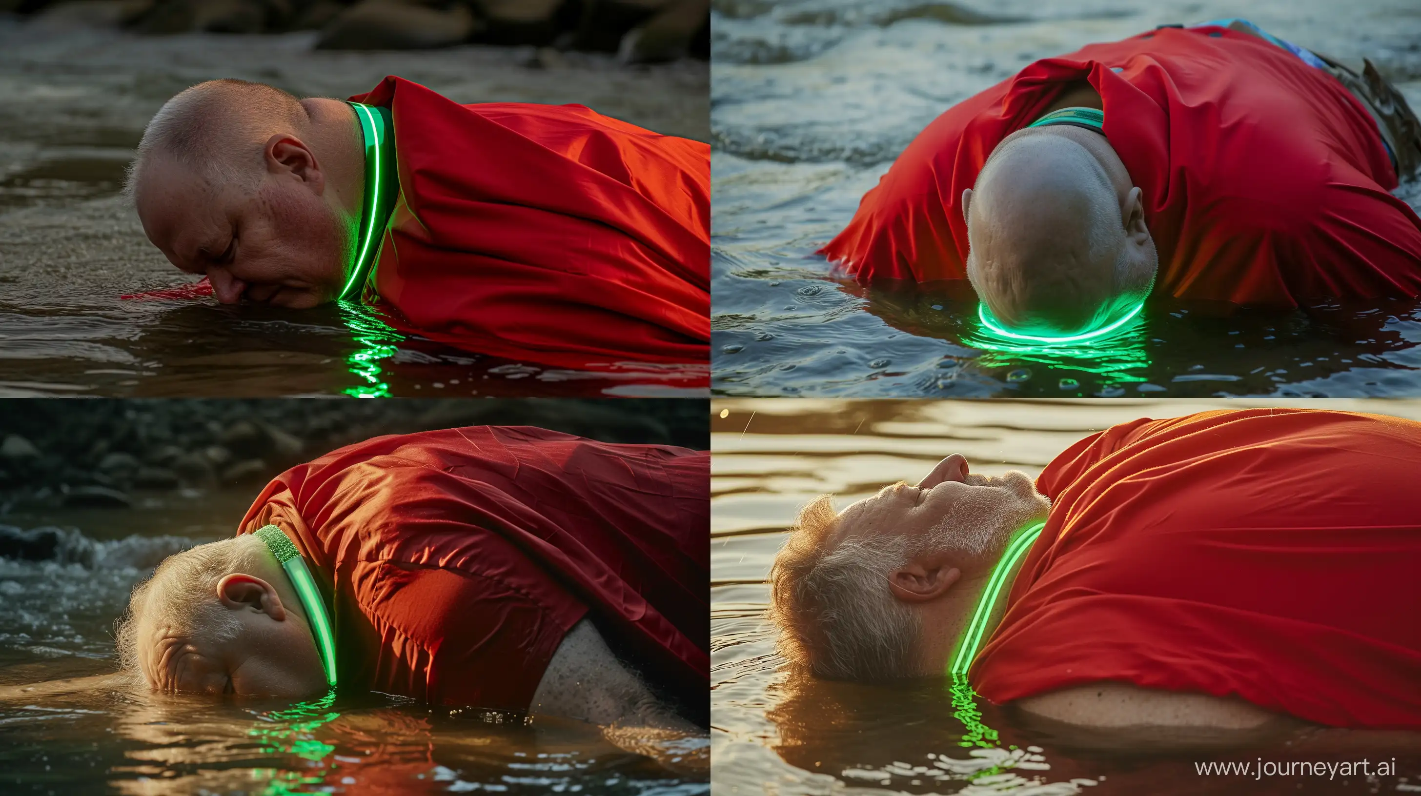 Front view close-up photo of a fat man aged 60 wearing red cape and a tight green glowing neon dog collar on the neck lying face down in water. Natural Light. River. --style raw --ar 16:9