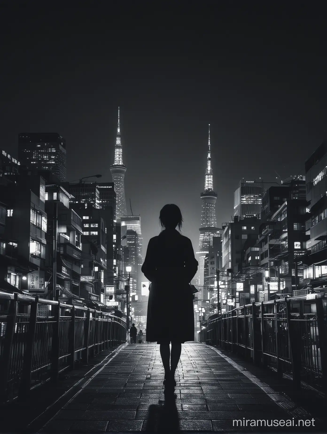 Urban Night Serene Silhouette of a Japanese Woman