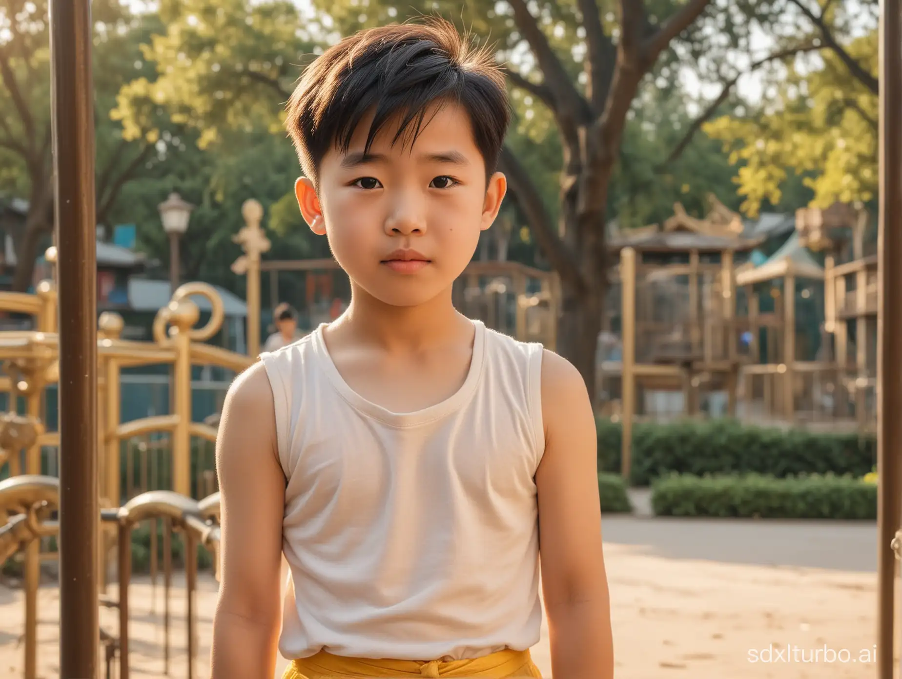 A cute little Chinese boy, full body, facing the camera, able to see facial features and shaved short hair on the sides, bravely transforms into a golden Disney princess, standing on the playground, the boy is upset that his so-called friend is bullying him, photo style