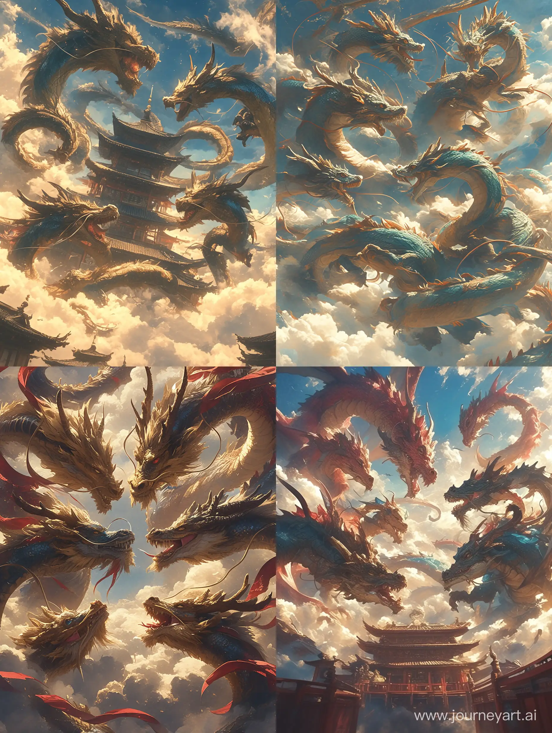 Five dragons fighting each others in the cloud, using Asian realistic colour scheme style, CG original painting, fantasy methodology references, surreal murals, dark gold and aquamarine, poster concept art, epic, 32k UHD --ar 3:4 --s 1000 --niji 6