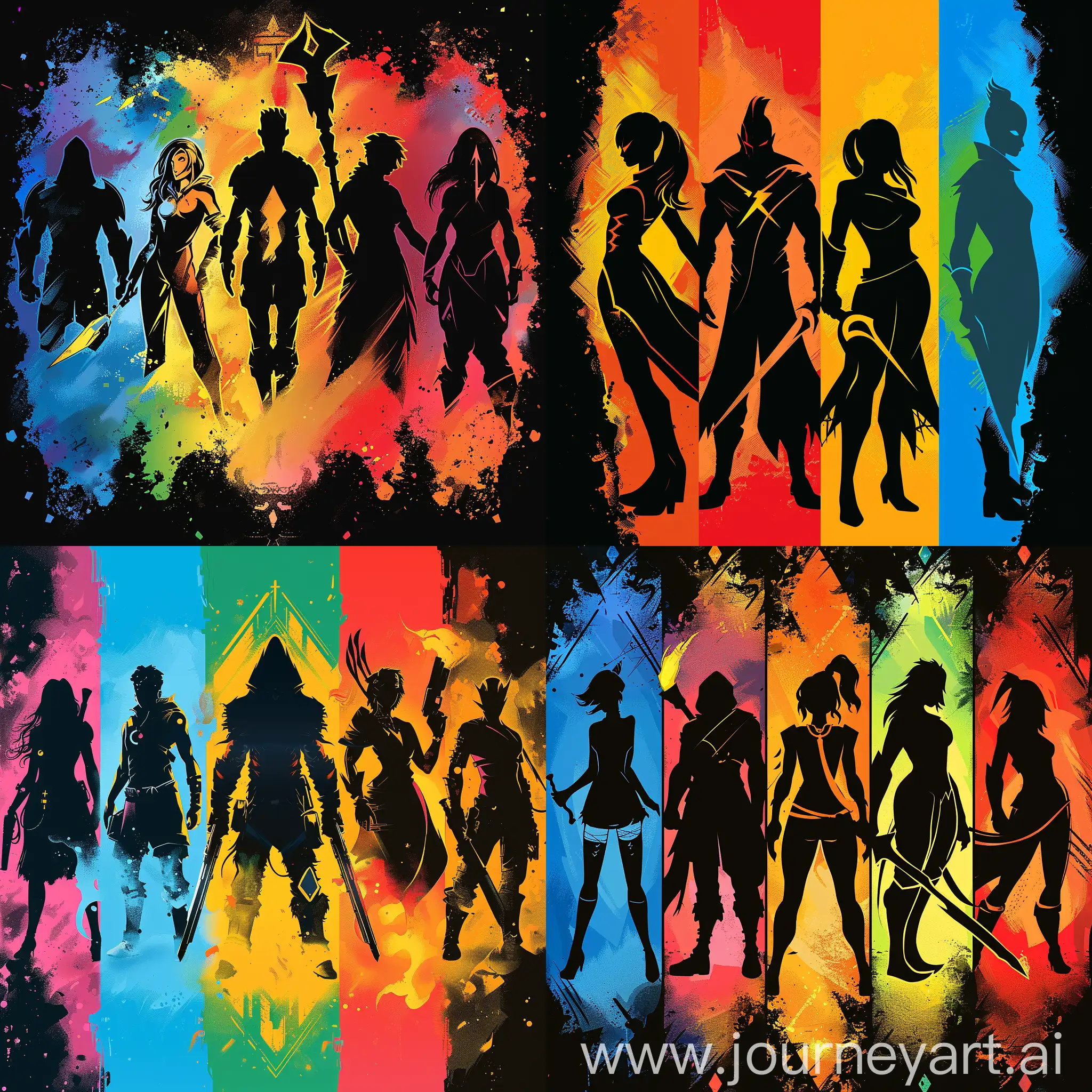 https://i.postimg.cc/kXCbFWFc/1710709861734-3.png cartoon::1.2, Пять силуэтов персонажей из разных видеоигр, 5 персонажей каждый из которых расположен на красочном фоне, --s 200