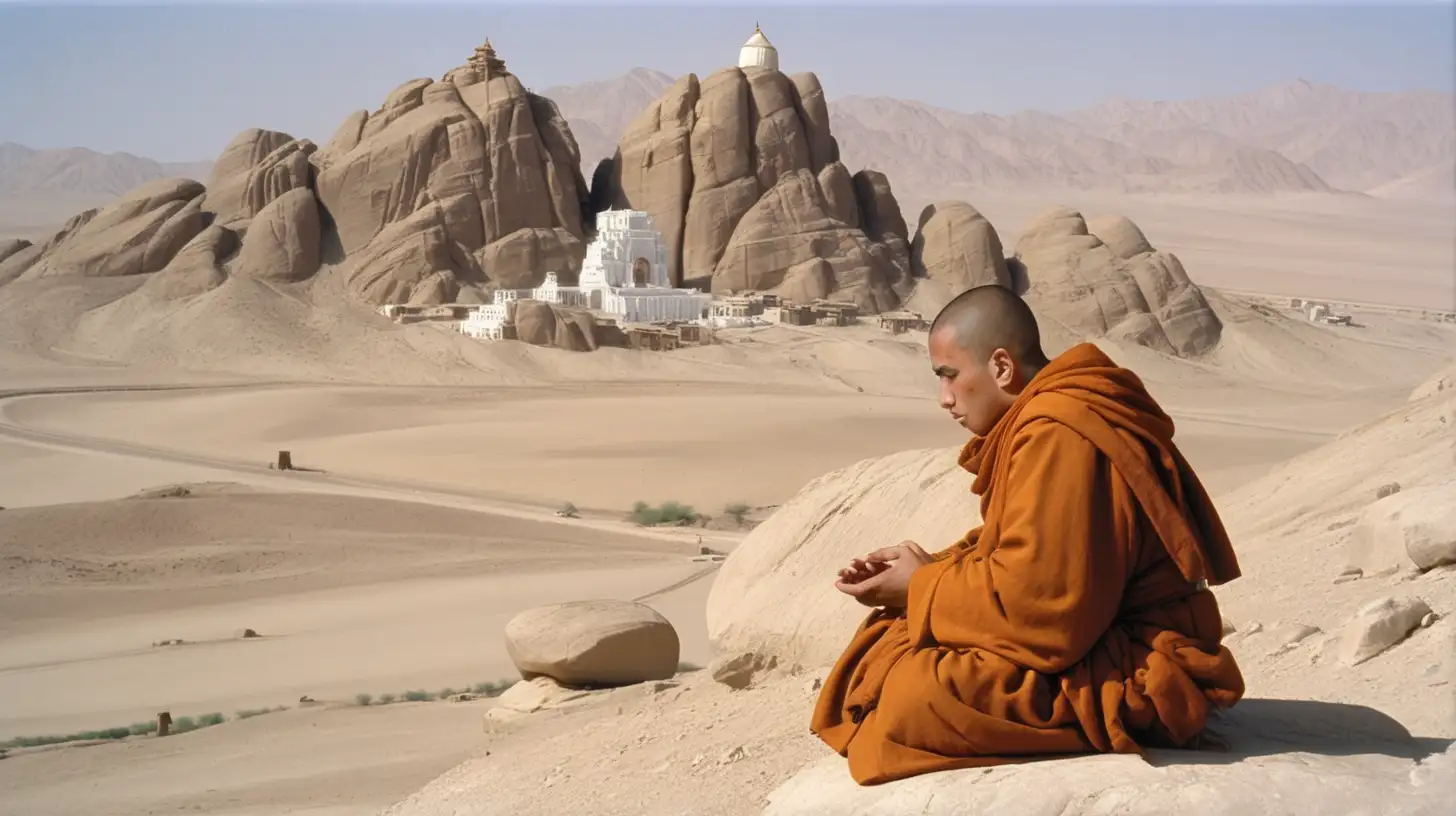 monk is sitting on the a rock placed beside the desert monastery of Kucha or Karashahr on the northern edge of the Tarim and a fellow monk keeps his hand on the shoulder of monk 400 common era.  