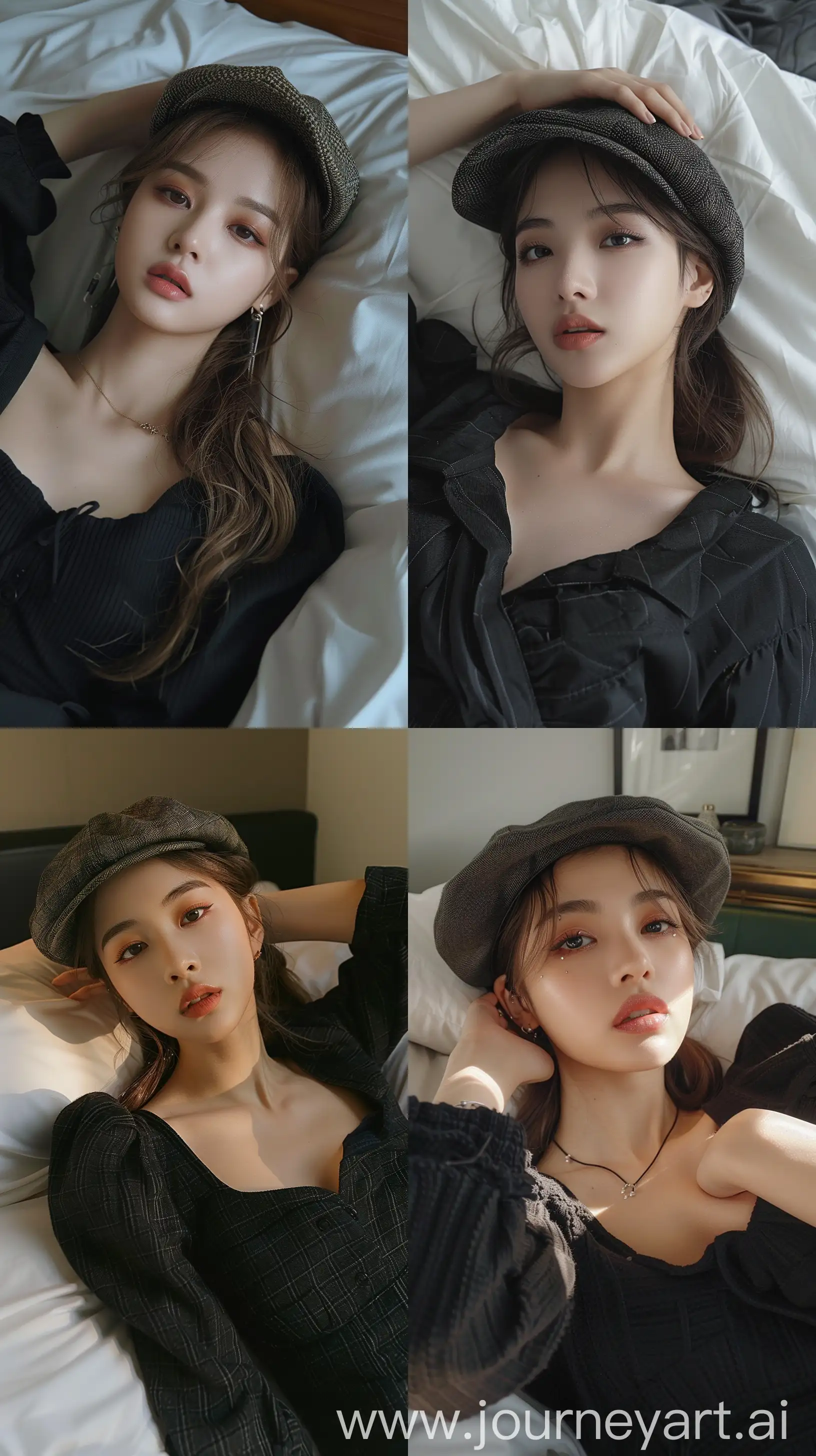 a blackpink's jennie, selfie, wearing simple black clothes, flat cap, aestethic make up ,laying on bed --ar 9:16 --stylize 250