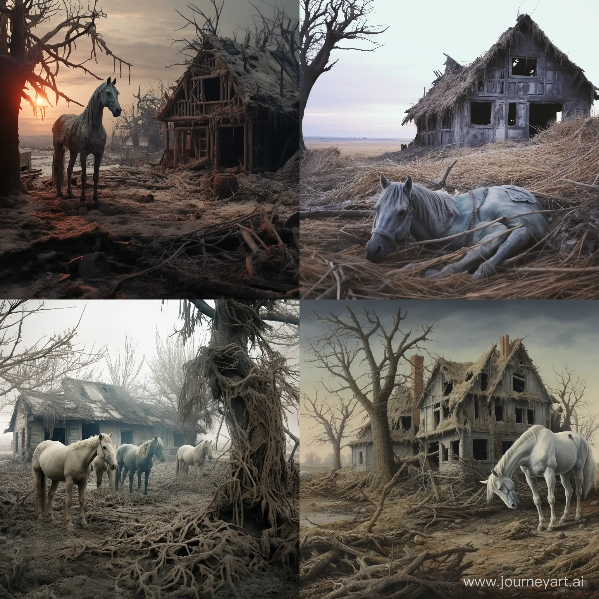 Some horses died in a village. Some house and tree also seen
