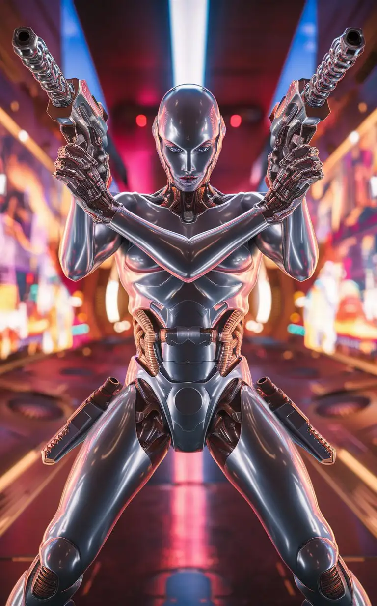 "Create a highly detailed digital artwork of a full-body cybernetic UHD cyborg, weaponized and ready to fire, in a dynamic pose. Ensure both hands of the cyborg are visible and symmetrically positioned. The cyborg should be equipped with a chain gun and a rail gun. Focus on perfect composition, intricate details, and realistic rendering, utilizing 3D octane rendering technology infused with global illumination and precise line art. Soften the artwork through macros and execute it with V-Ray. Embody an epitome of visionary art with a touch of pop art consumerism."