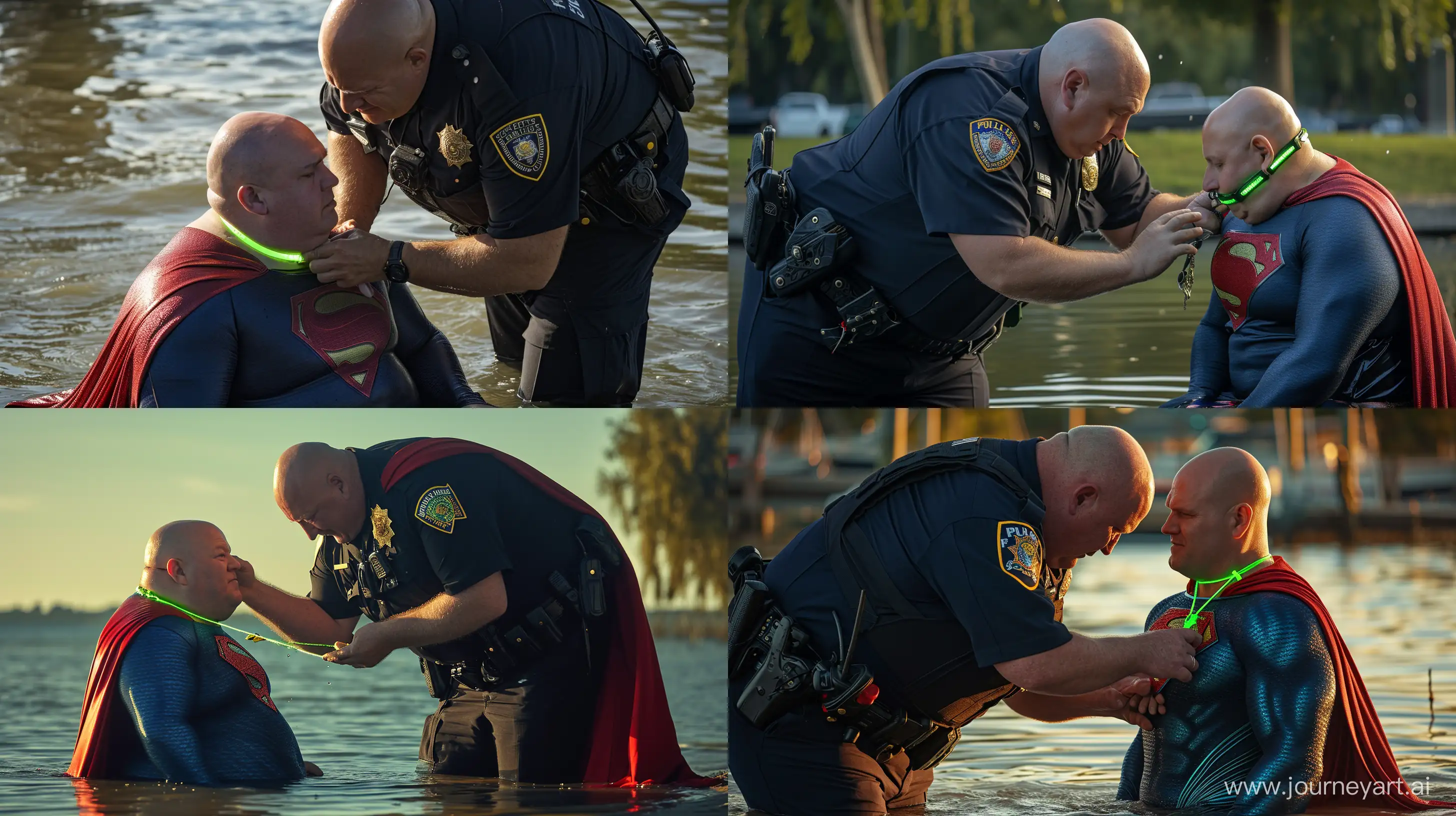 Senior-Police-Officer-Collaring-Man-in-Superman-Costume-by-Water
