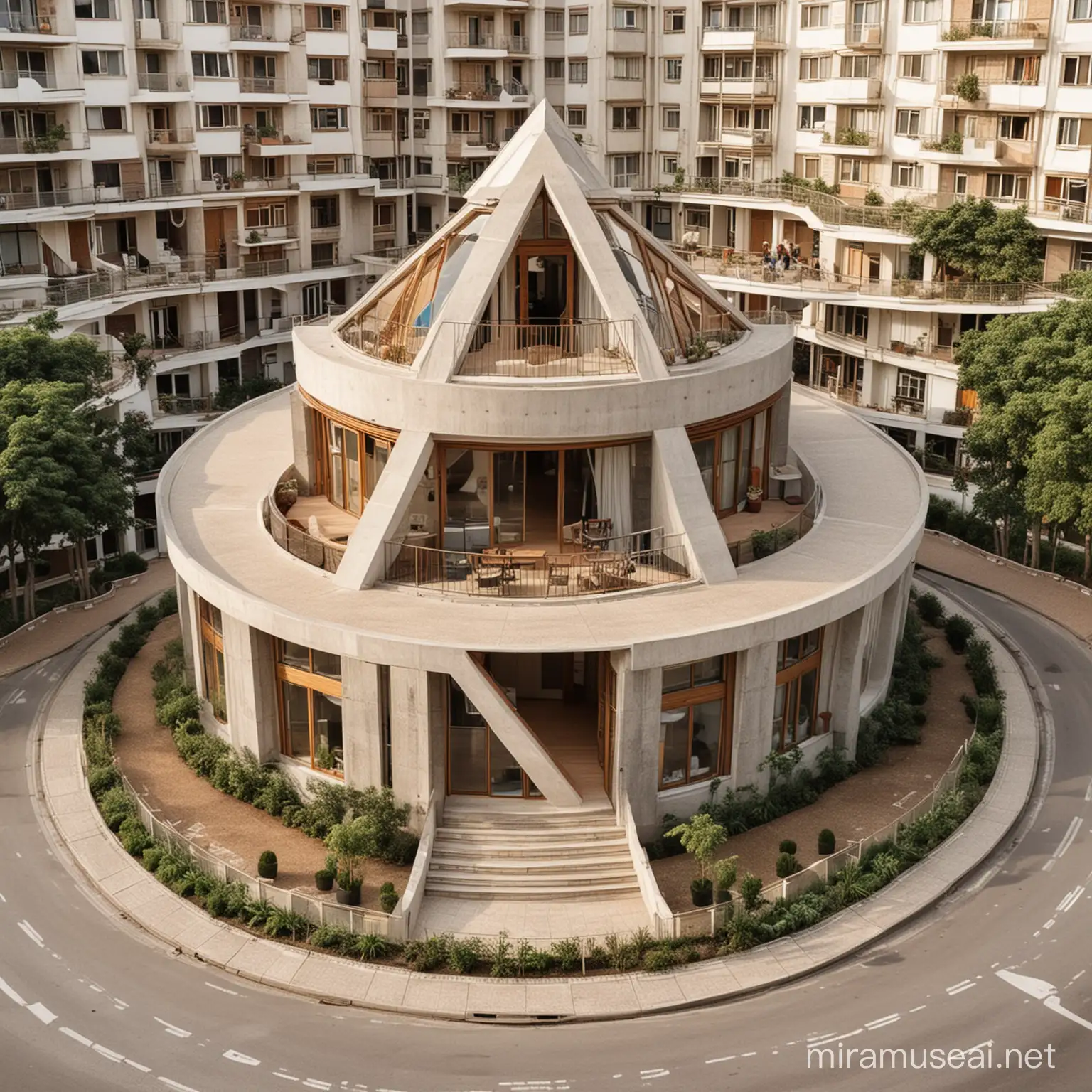 A building with a triangle shape on top with balcony and ground floor is a circle. architecture building. creative and beautiful home