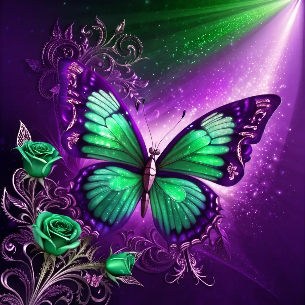Emerald green, deep purple colorsplash background, feathery butterfly, bi-coloed rose deep purple and emerald green, filigree, sun rays, glitter, glistening, sparklecore, 