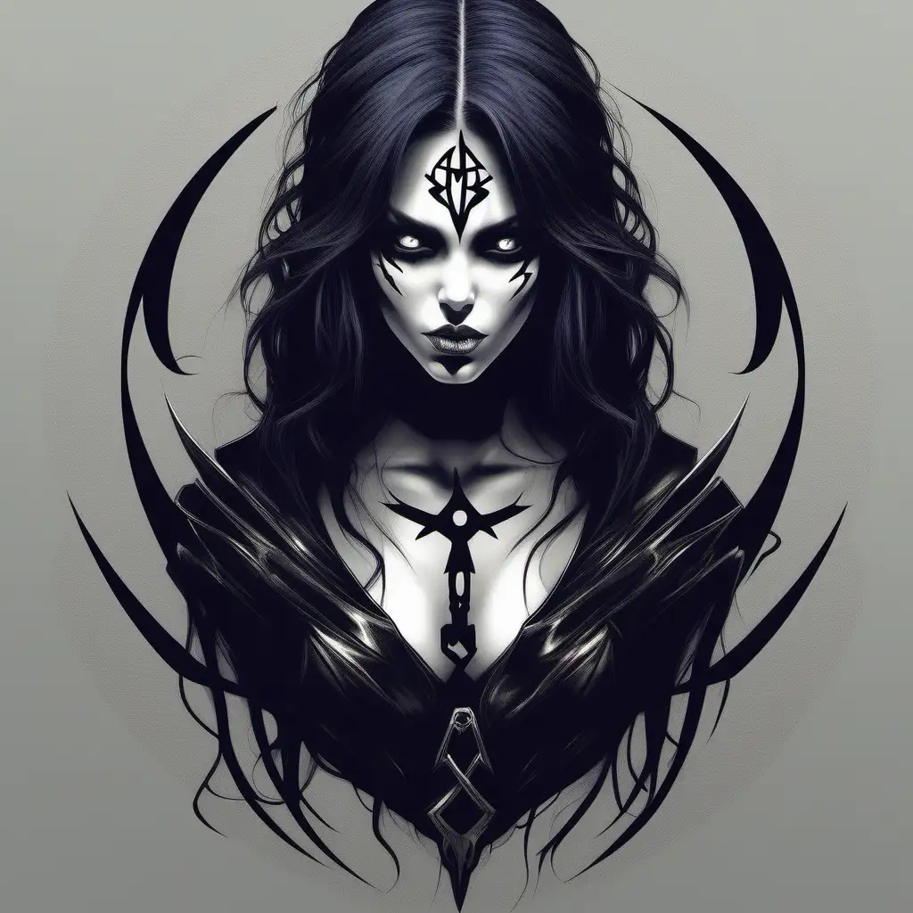  is shrouded in a mystical shadow. Dressed in sleek, dark urban attire adorned with banshee symbols, her eyes gleam with an enchanting allure.  wields twin shadow-infused daggers.