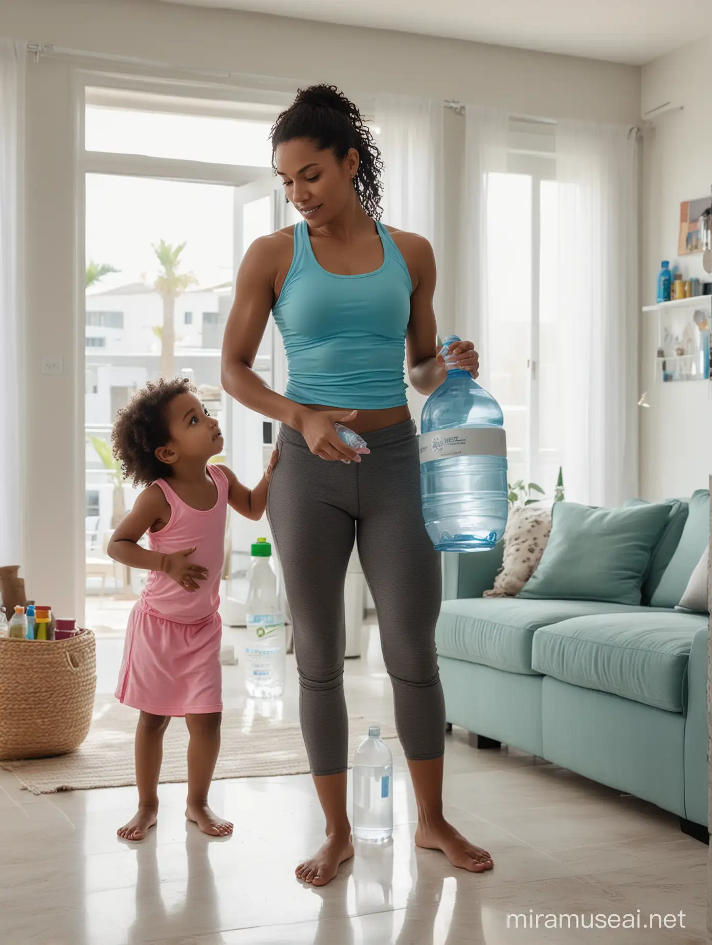 A 4K,Full length view, wide angle lens, professional photograph, high-resolution, ultra-detailed, of a carribean mother giving bottles of water to her children, sportwear,  inside a modern living room background,  Cinematic shot, candid celebrity shots, uhd image, body extensions, natural beauty --ar 69:128 --s 750 --v 5. 2