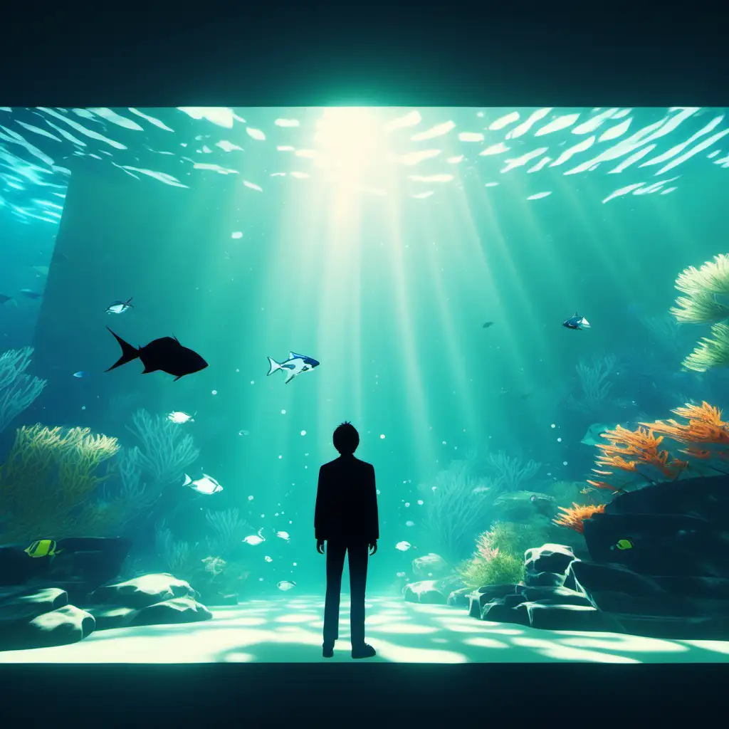 japanese lofi style, a man in an aquarium, 64 bit style, shadows and lighting, clean, simple, statisfying, abzu game