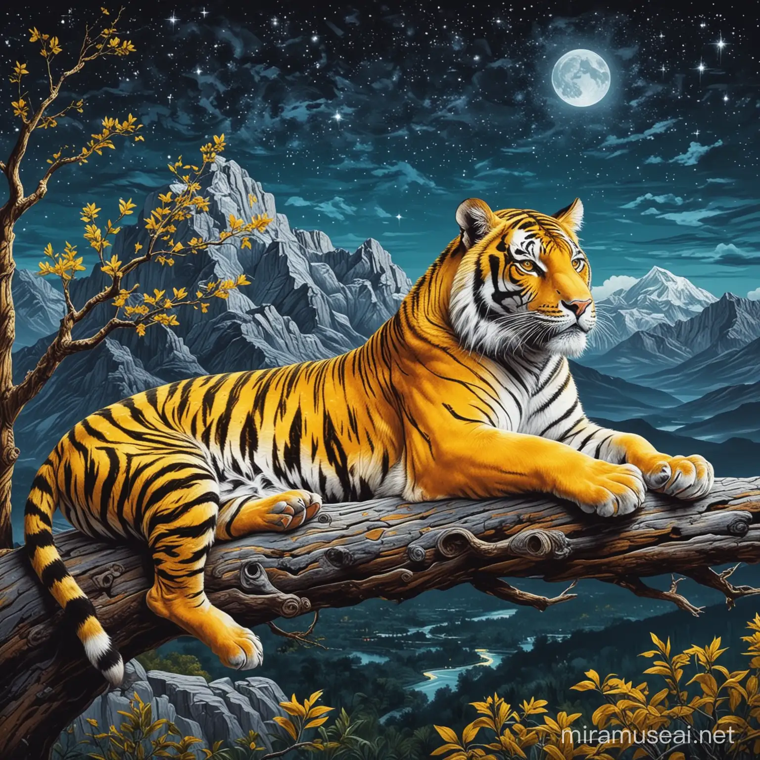 gelber tiger, auf ast liegend, berge und sternenhimmel, popart painting, clear contrast colour, 