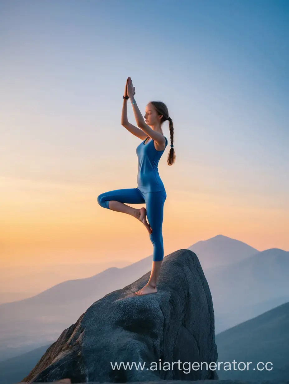 Serene-Sunrise-Yoga-Girl-in-Blue-Dress-on-Mountain-Peak