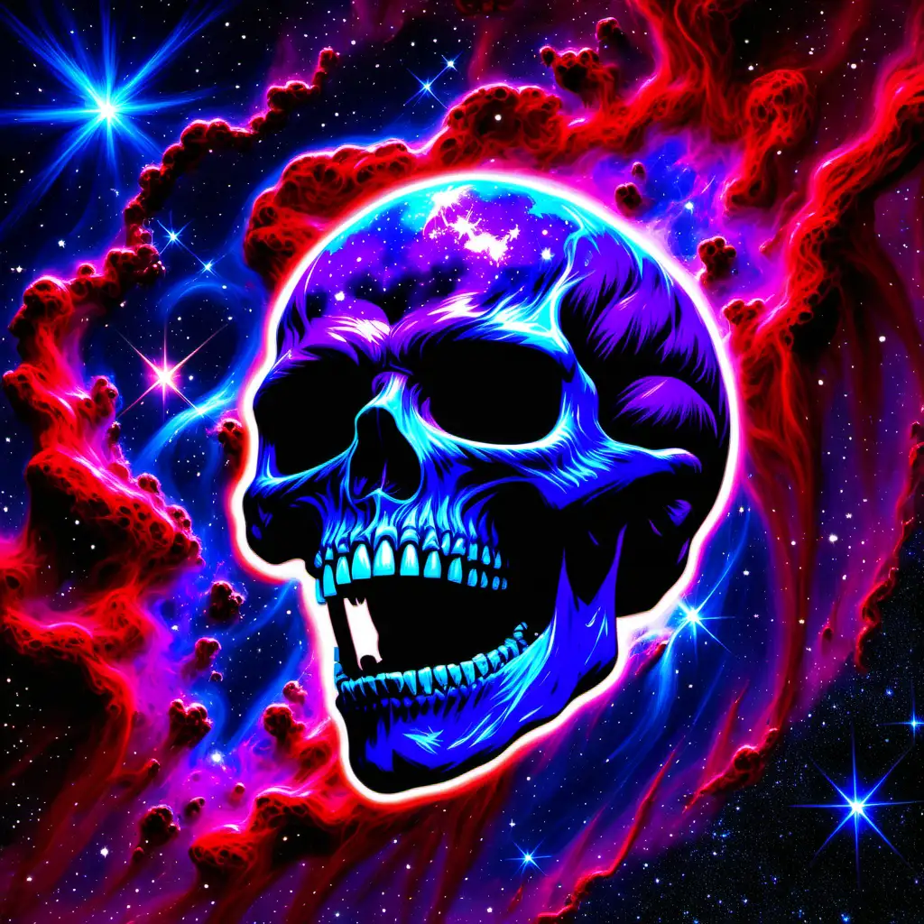 Neon purple, blue, and red skull nebula in space.