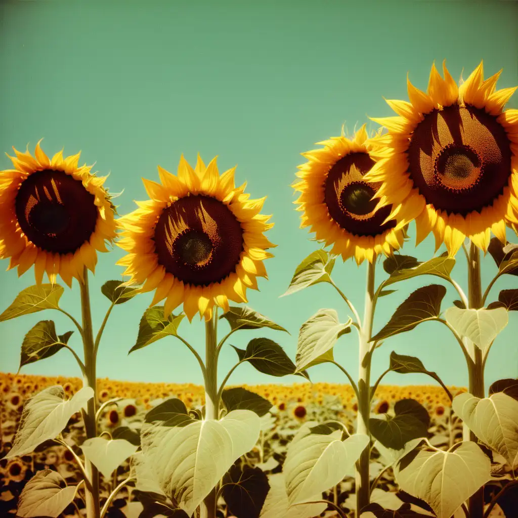 Vintage Photograph of Four Sunflowers in Retro Film Style