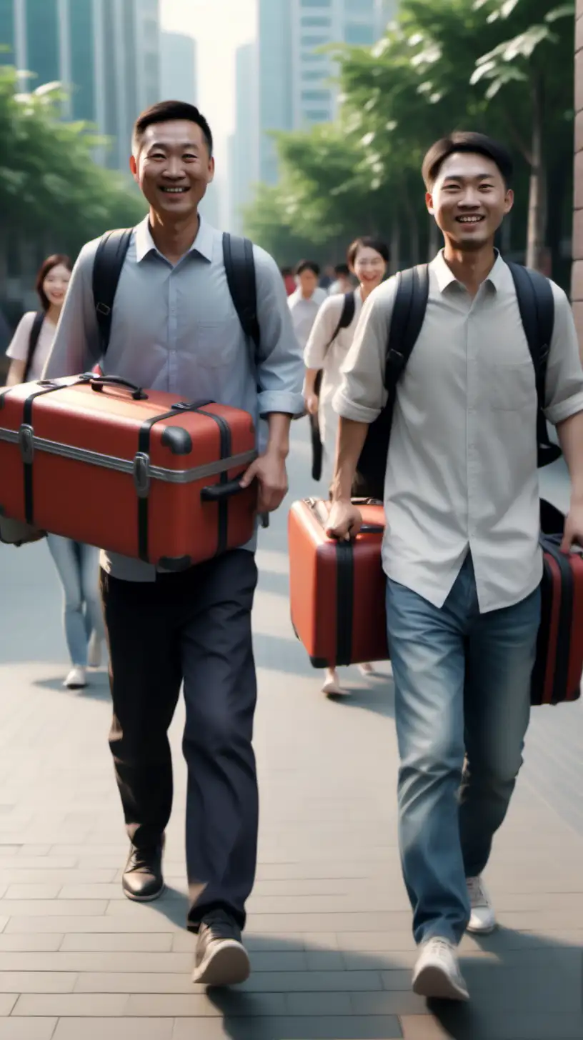 make an image of chinese people walking with their luggage on hands walking on footpath with smile on their faces . the faces of people should be clear make the image hyper realistic, Photorealistic
Highly detailed,
Intricate detail,
Hyperrealistic, 8k
